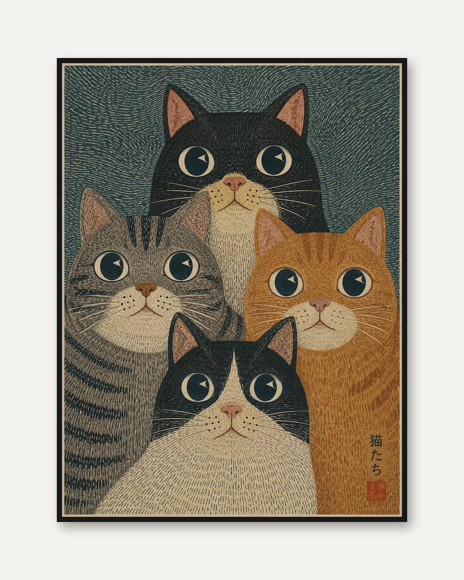 Japanese Folk Art Cat Print - framed