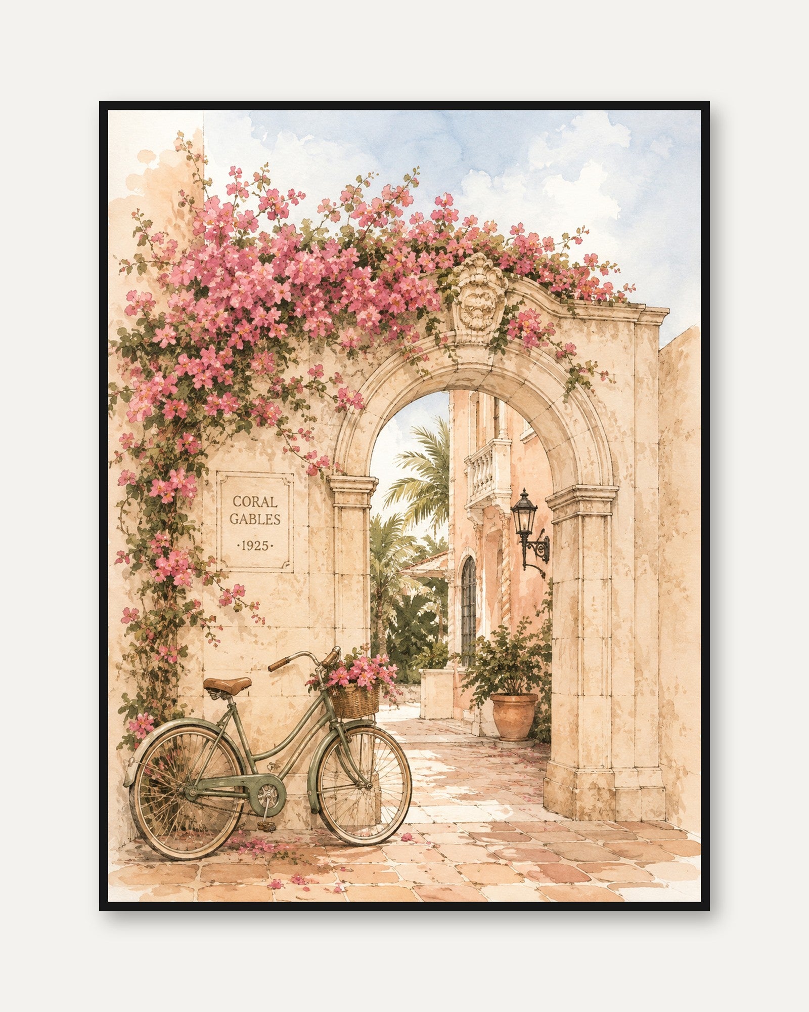 Coral Gables Archway Art Print: Vintage Watercolor Florida Scene - framed