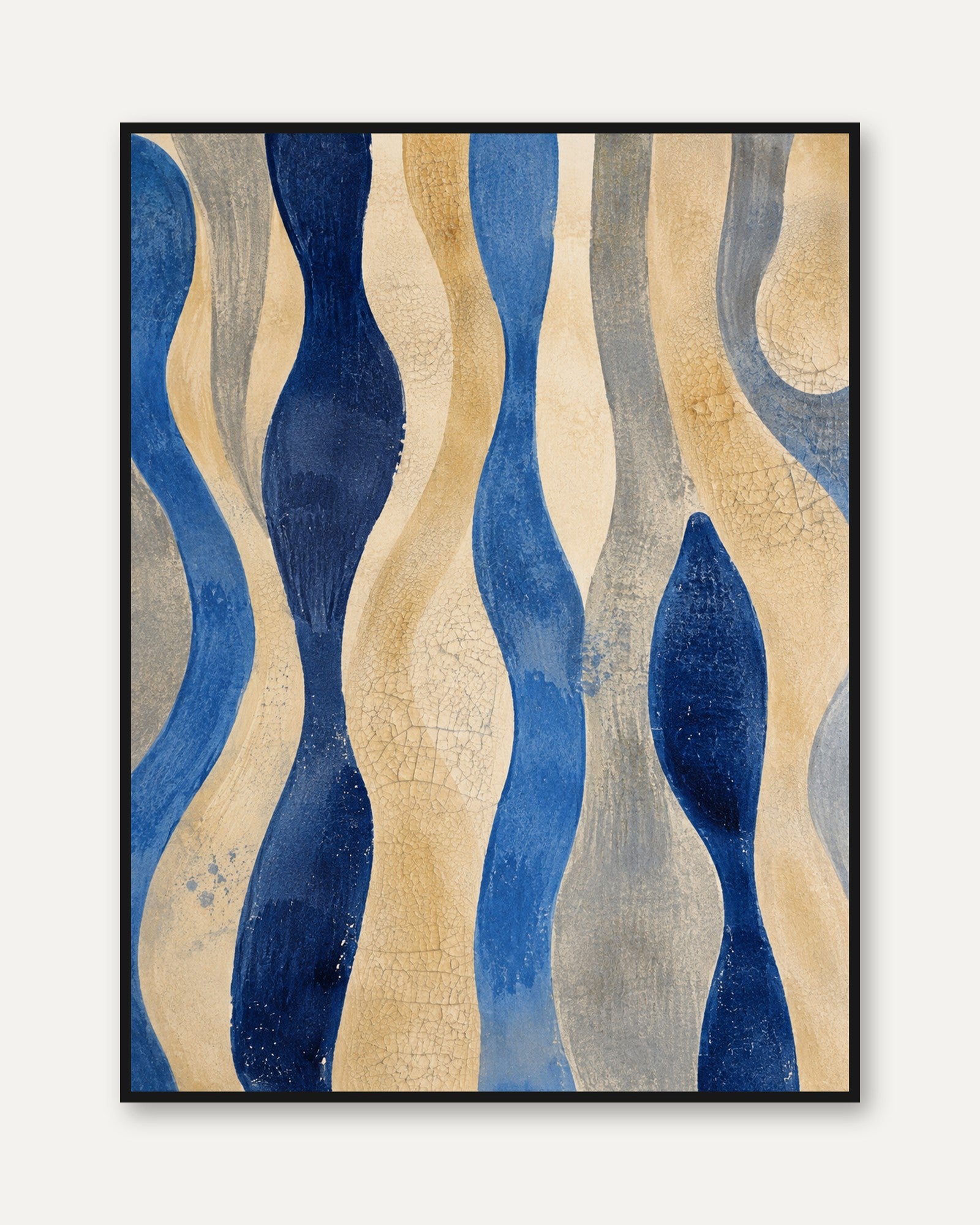 Abstract Waves Art Print: Blue and Gold Flowing Pattern - framed