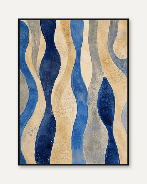 Abstract Waves Art Print: Blue and Gold Flowing Pattern - framed