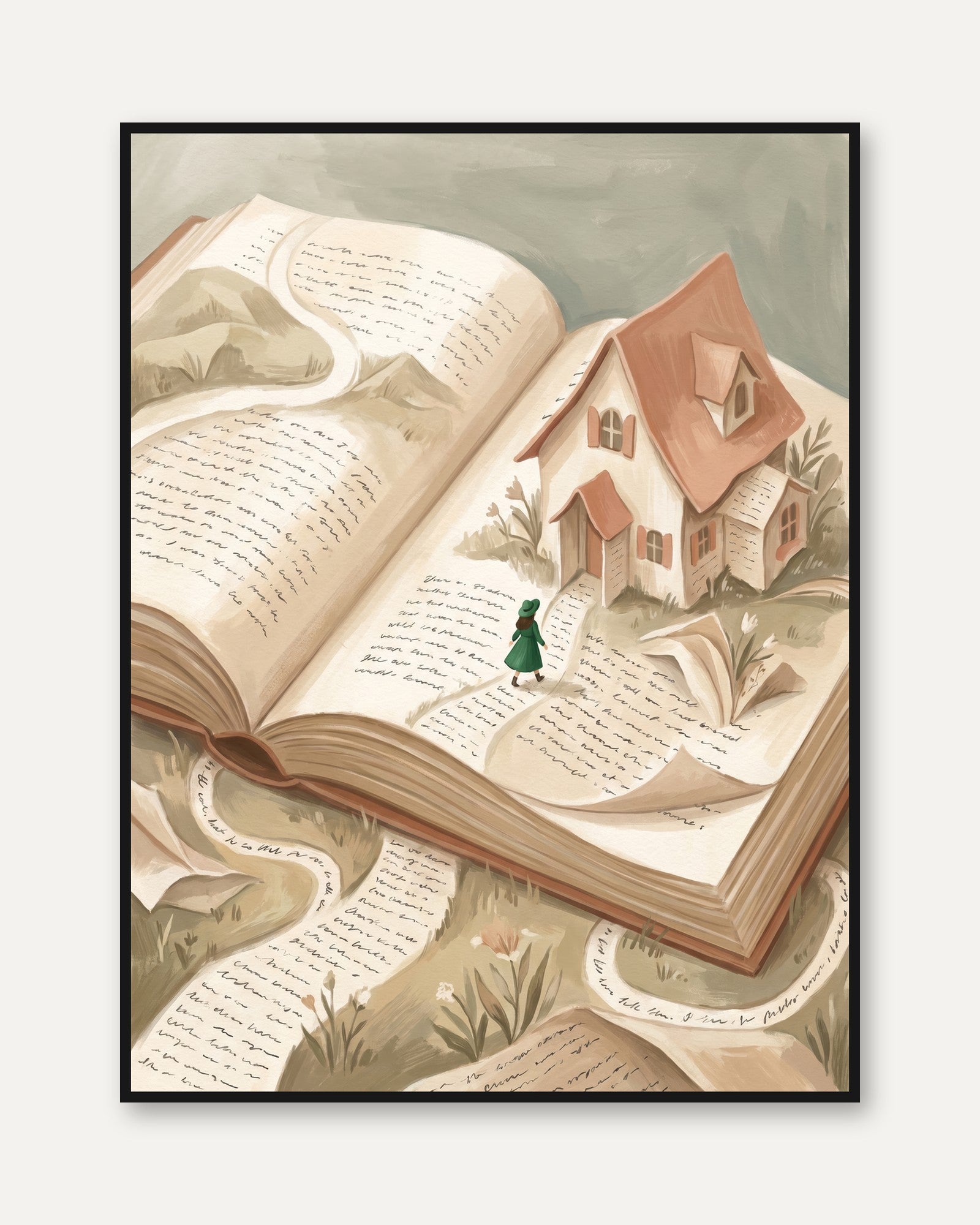 Whimsical Book Art Print: Surreal Cottagecore Reading Nook Decor - framed