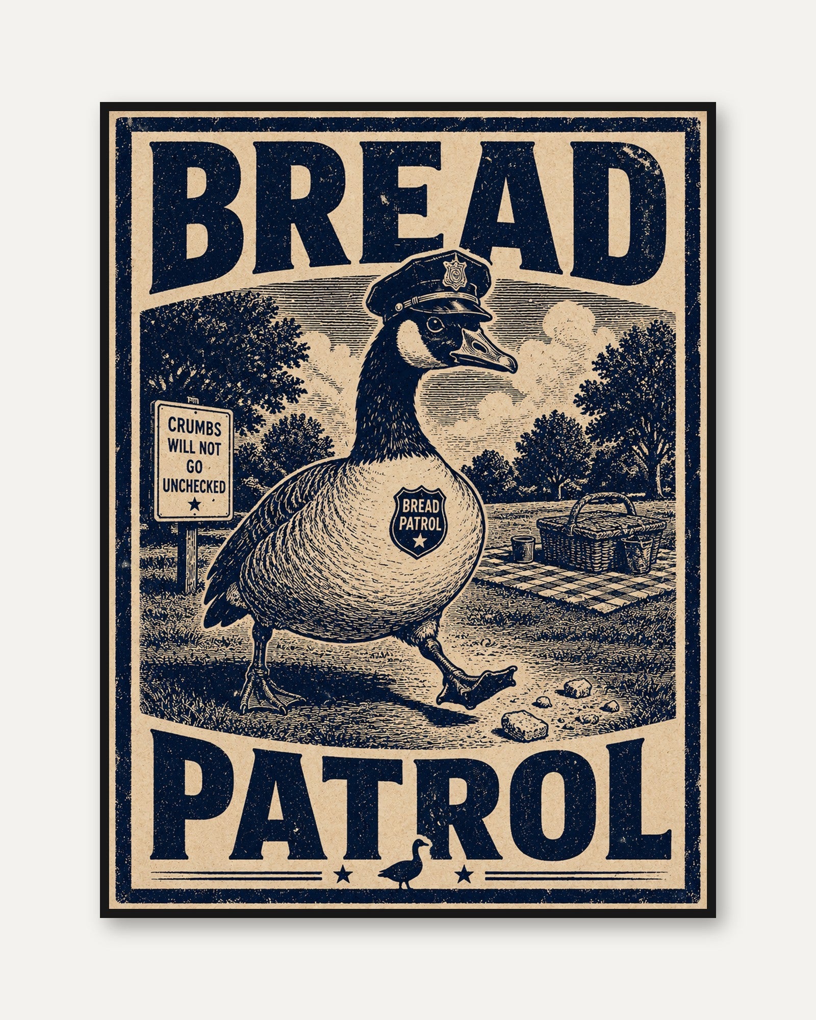 Bread Patrol Duck Poster: Vintage Woodcut Style Art Print - framed