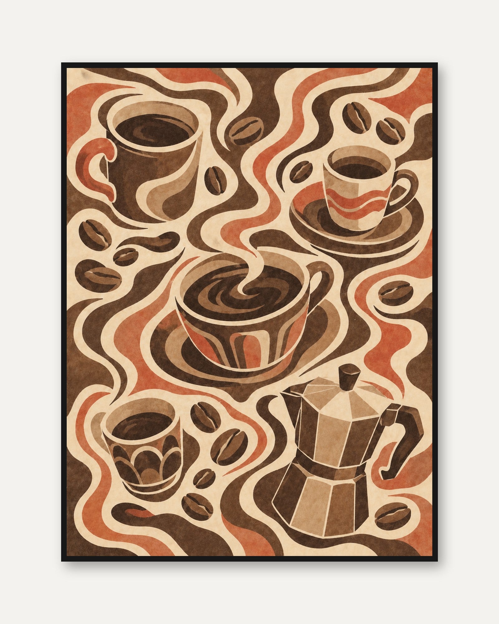 Retro Coffee Art Print: Art Deco Brown and Cream Kitchen Poster - framed