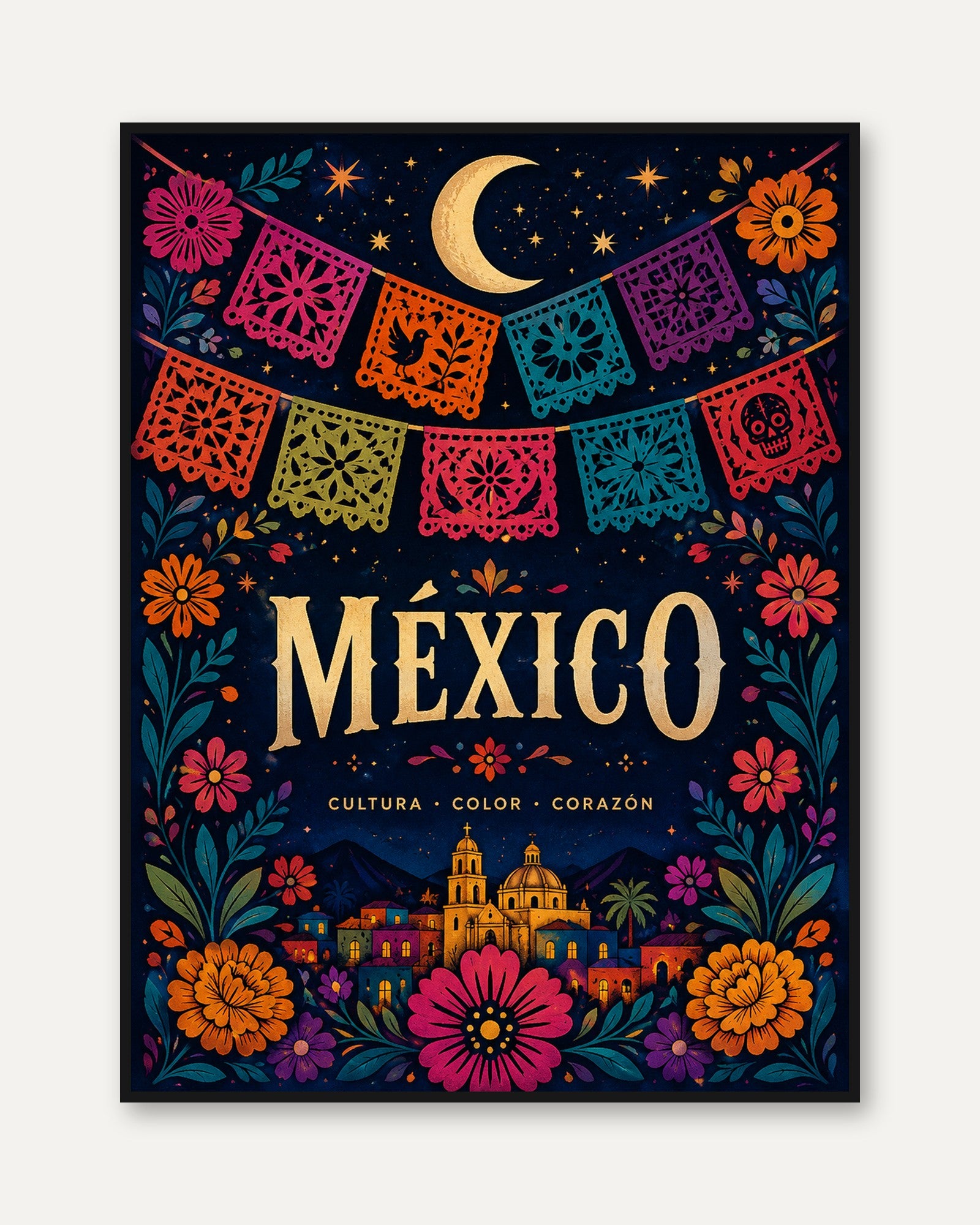 Mexico Travel Poster – Colorful Folk Art Print - framed