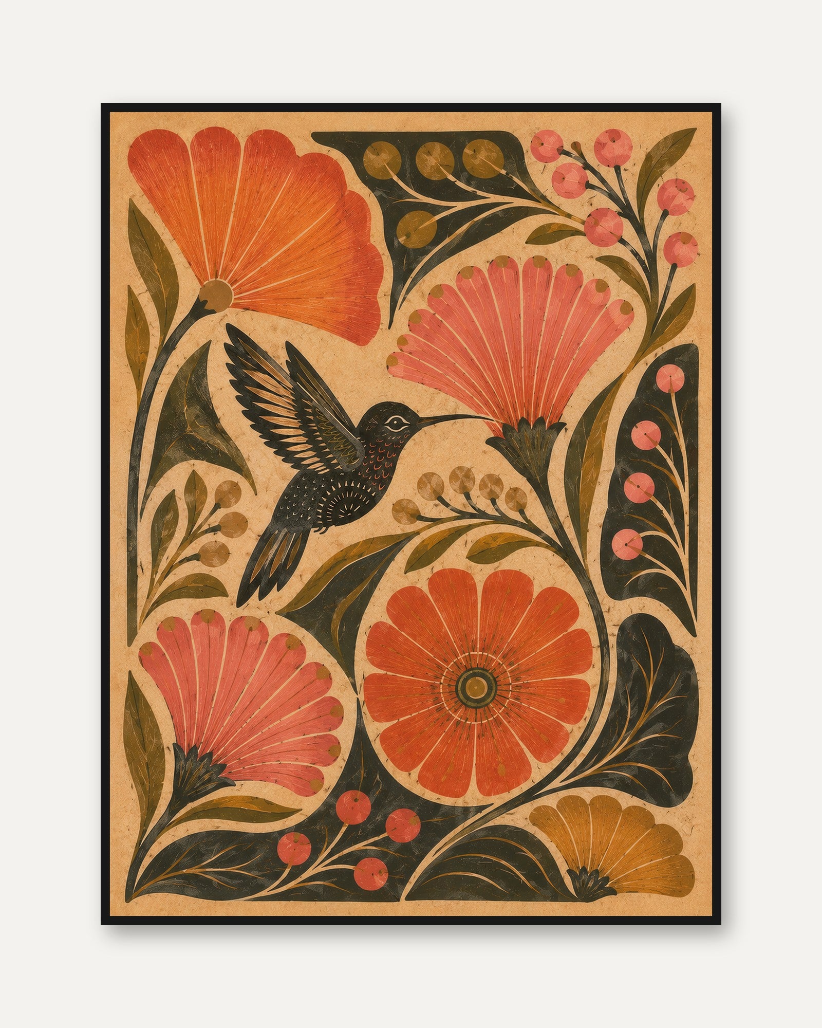 Hummingbird Folk Art Print — Vintage Floral Illustration - framed