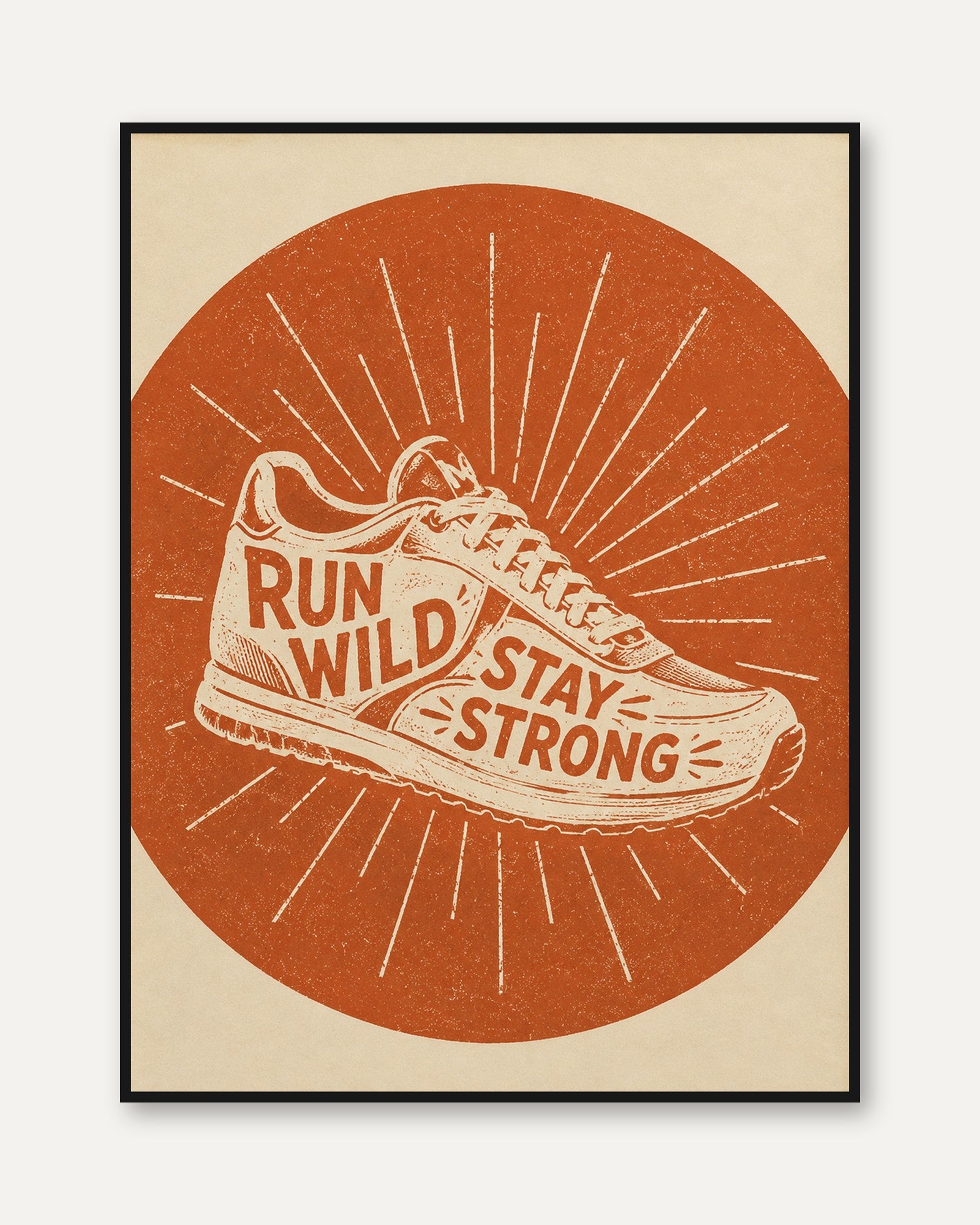 Vintage Running Shoe Print: Motivational Sunburst Gym Wall Art - framed
