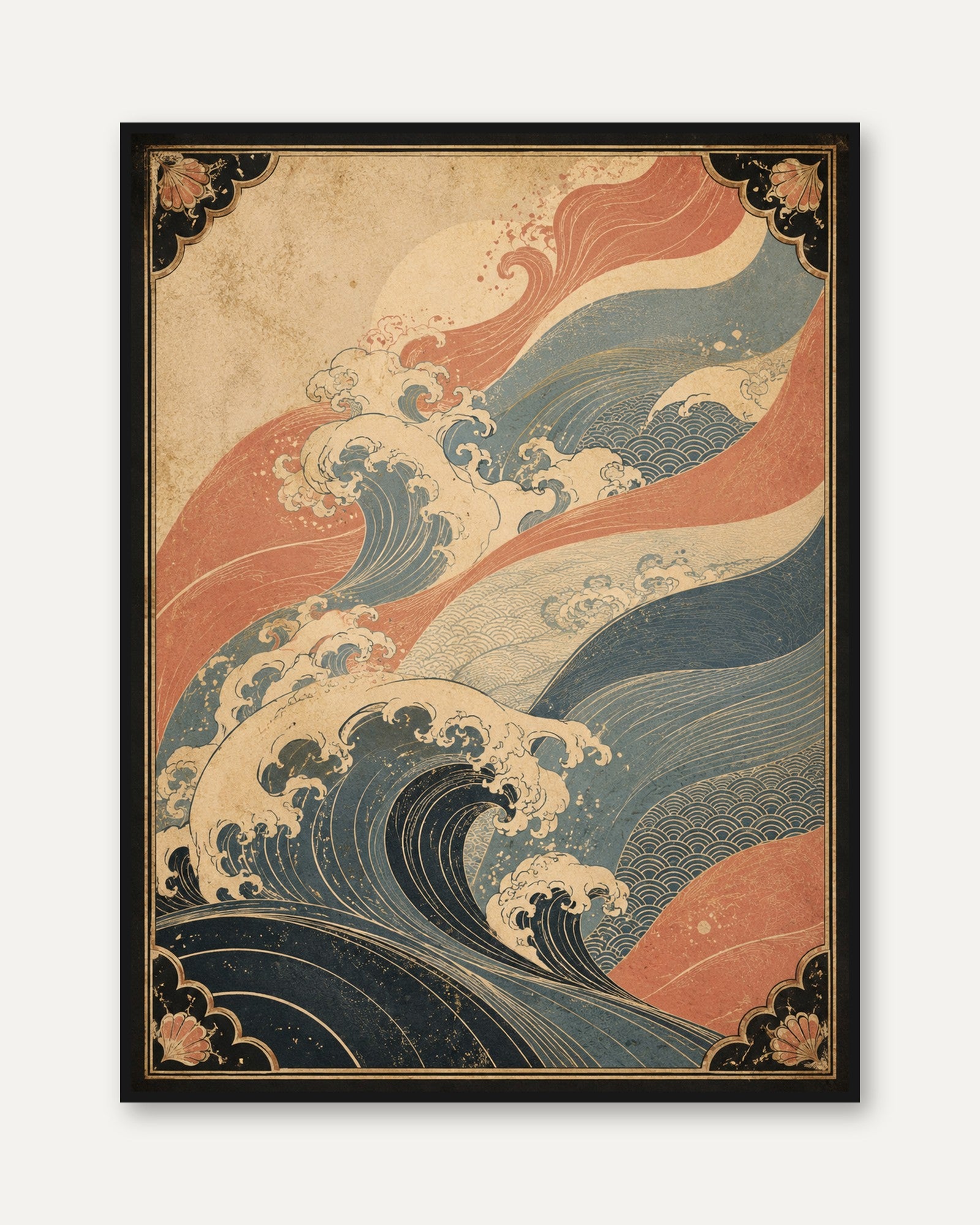 Japanese Wave Art Print: Vintage Ukiyo-e Ocean in Coral & Navy - framed