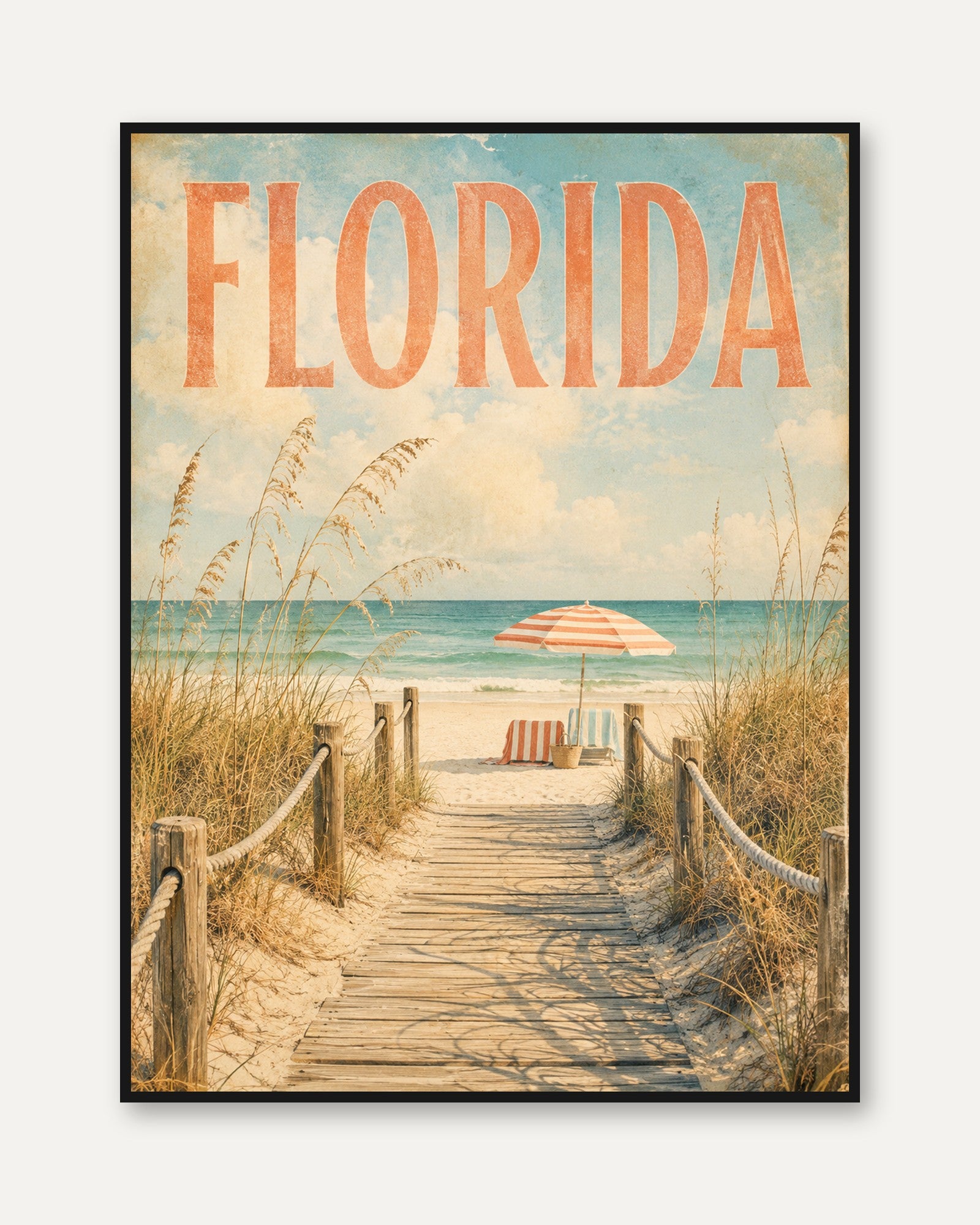 Florida Beach Wall Art: Vintage Coastal Travel Poster Print - framed