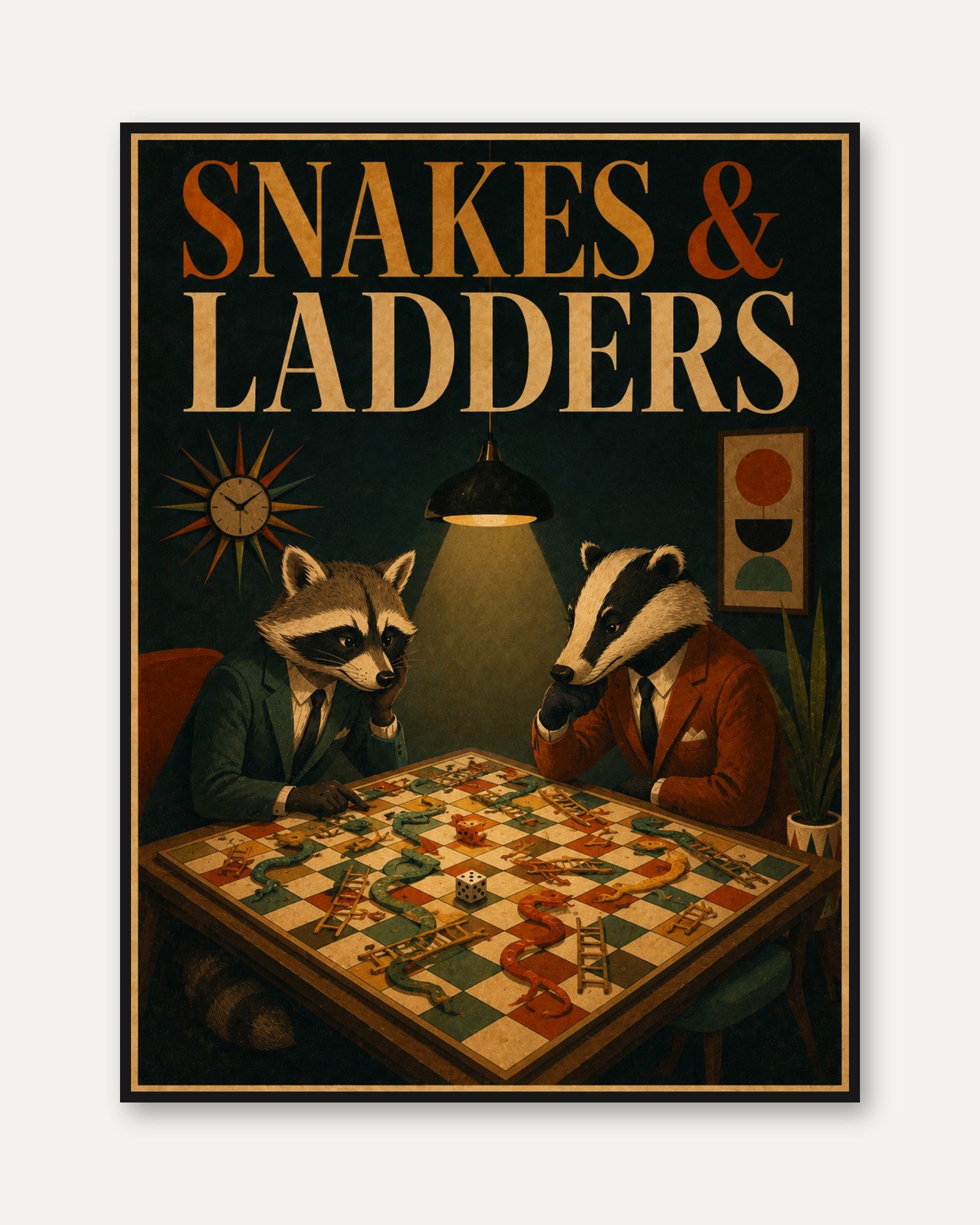Snakes and Ladders Art Print: Whimsical Animals - framed