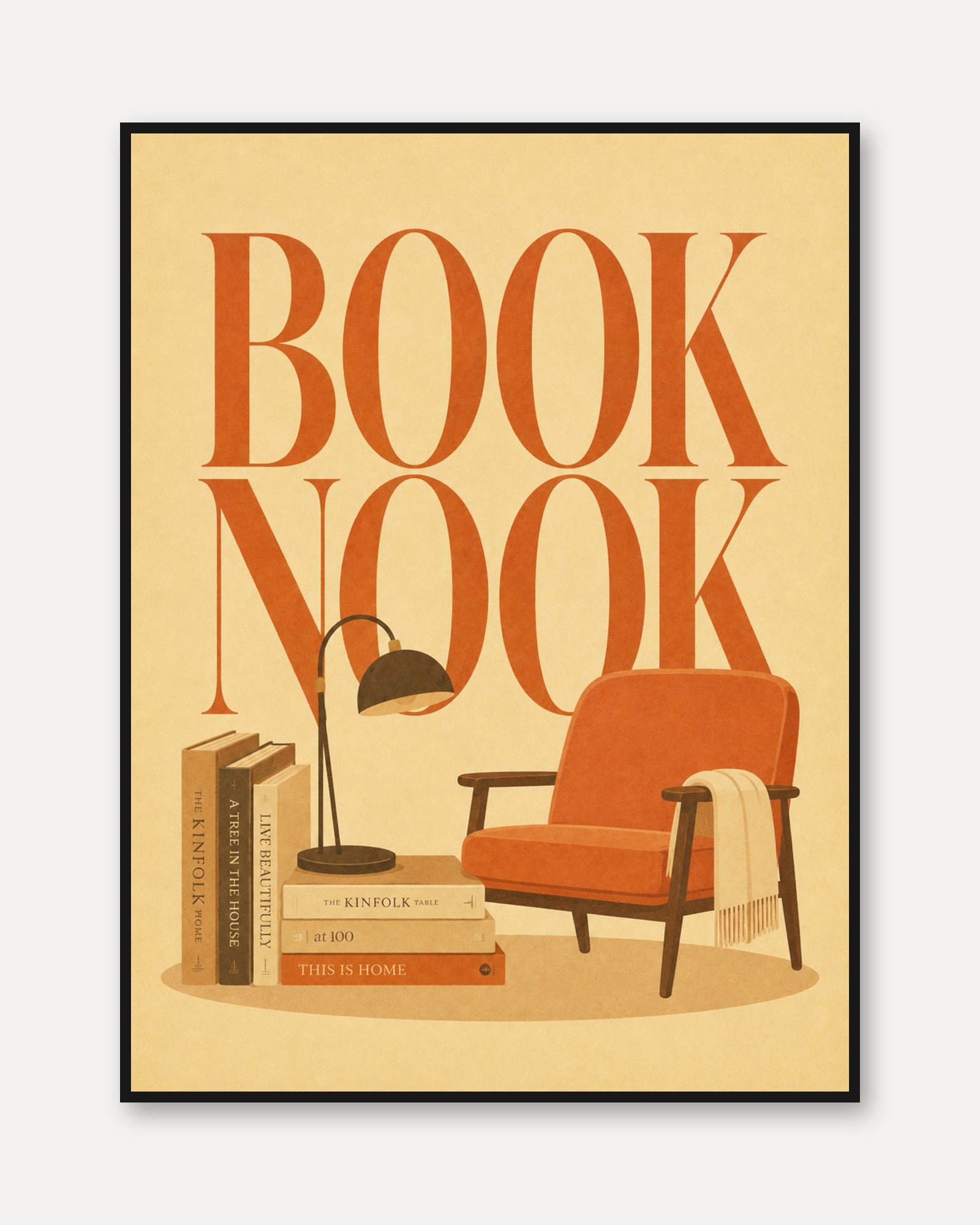 Book Nook Reading Corner Print: Mid-Century Modern Orange Design - framed