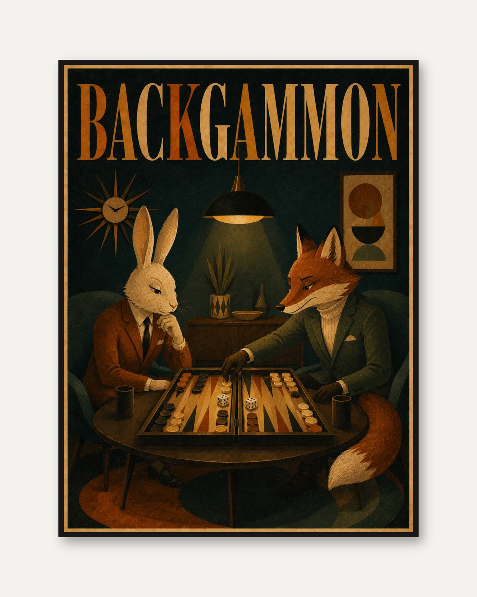 Backgammon Art Print: Mid-Century Fox and Rabbit Game Room Poster - framed