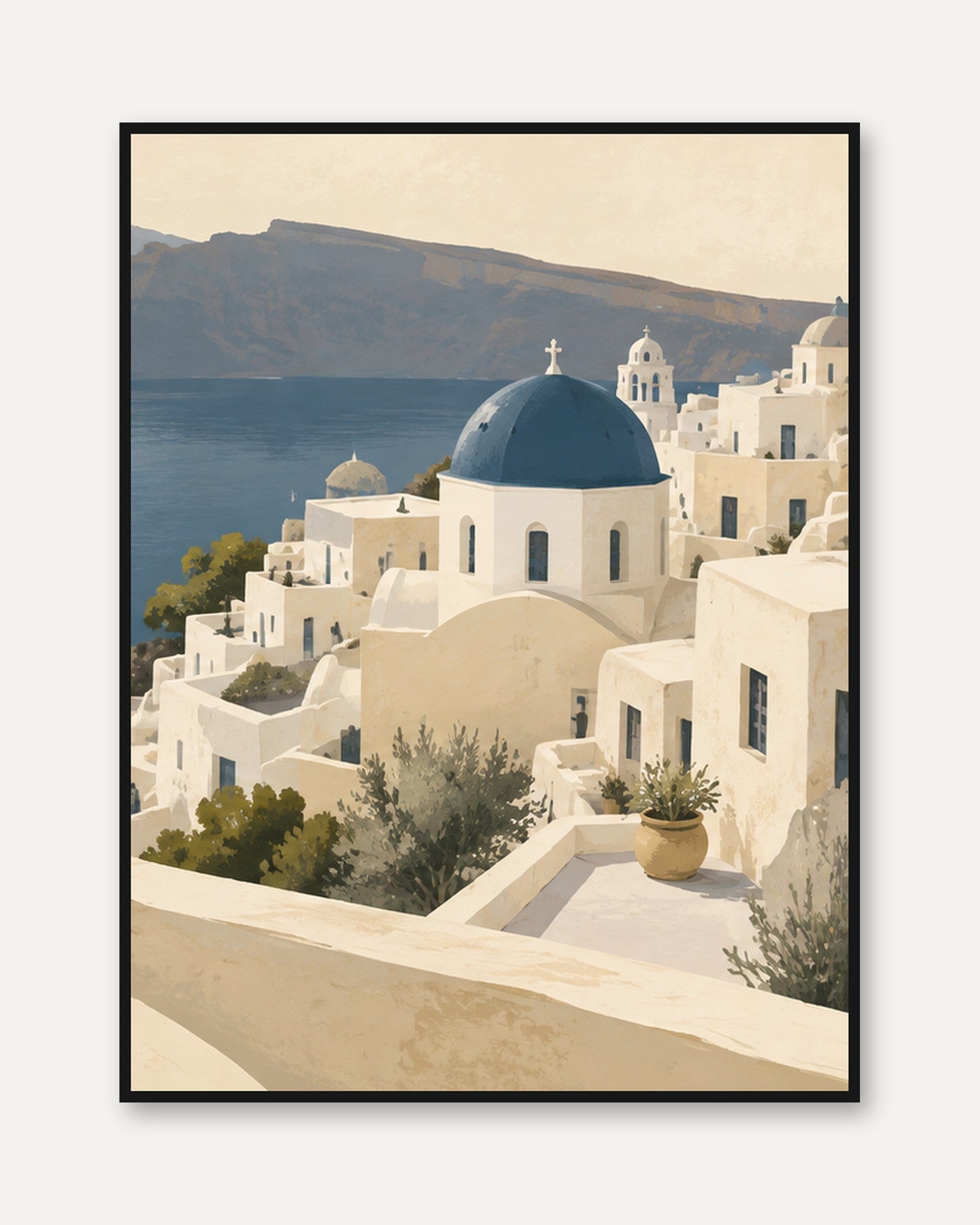 Santorini Blue Dome Church Print: Greek Island Architecture Art - framed