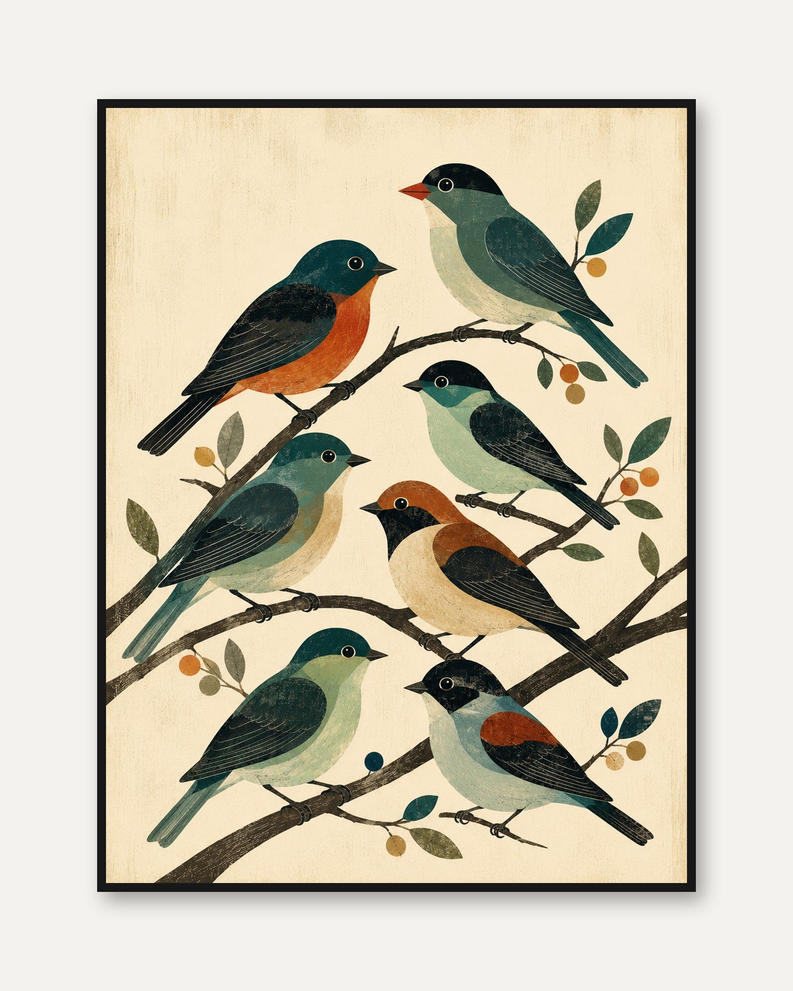 Vintage Bird Illustration Print — Folk Art Songbirds on Branches - framed