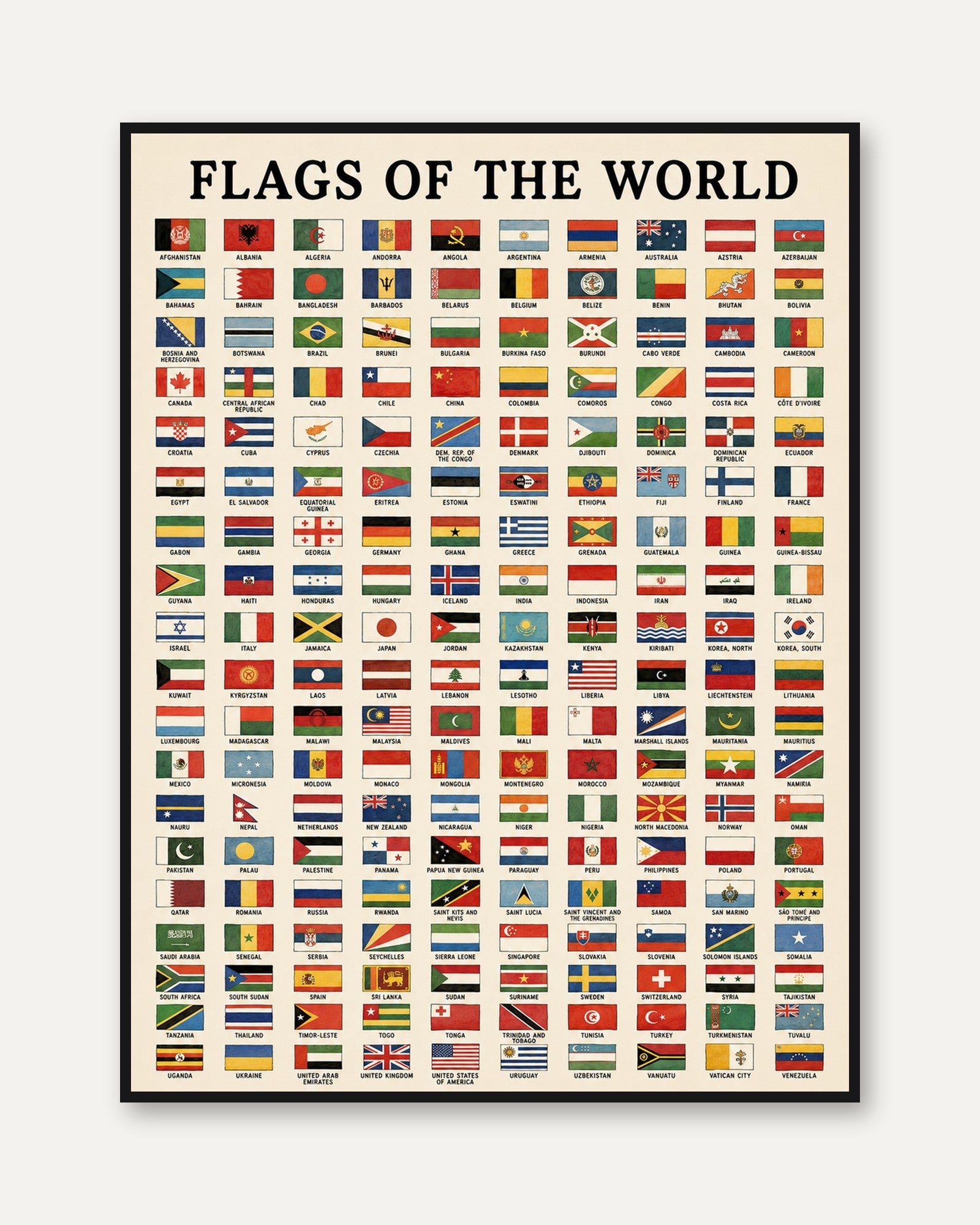 Flags of the World Educational Poster: International Reference Chart - framed