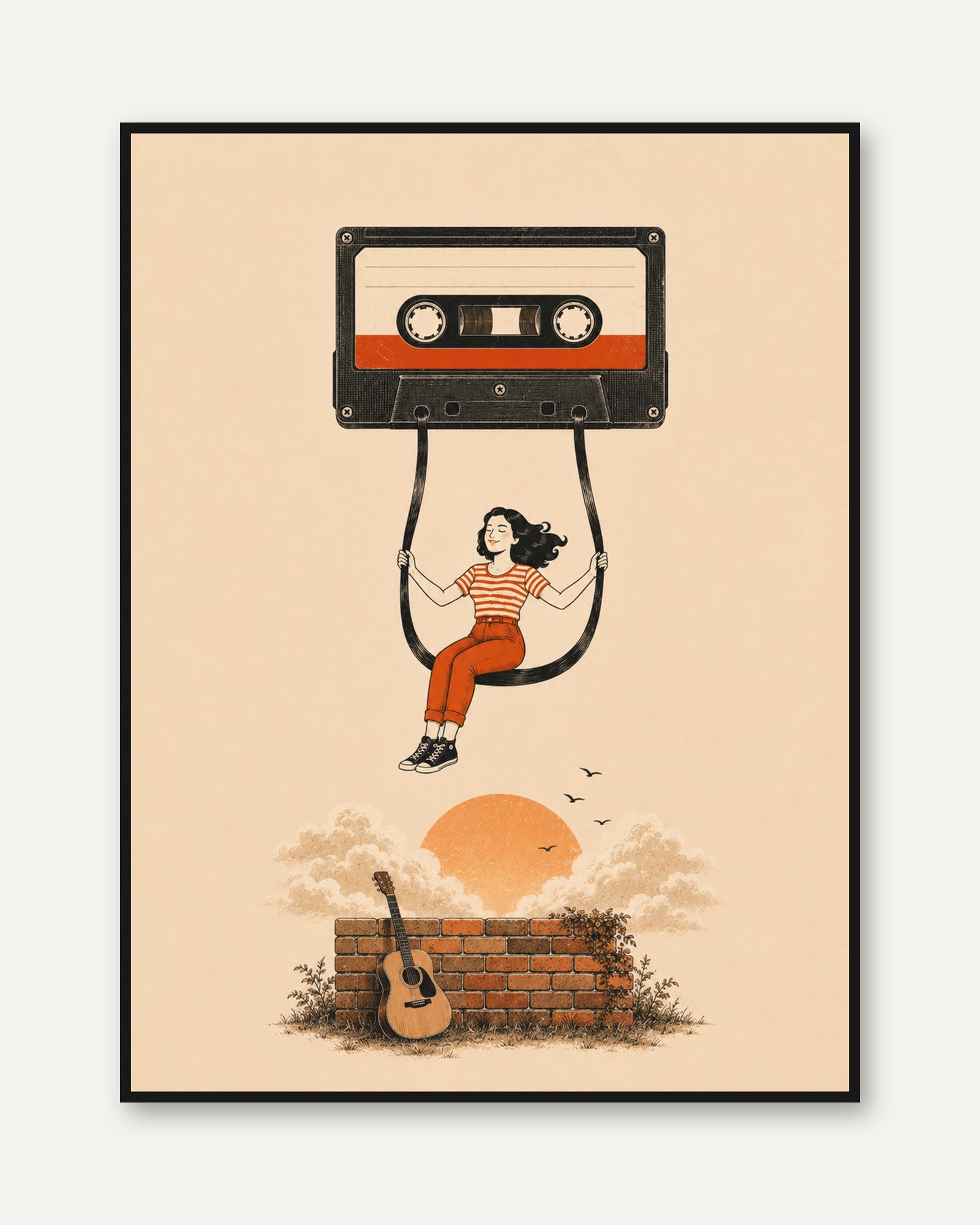 Vintage Cassette Tape Swing Art Print: Retro Music Illustration - framed