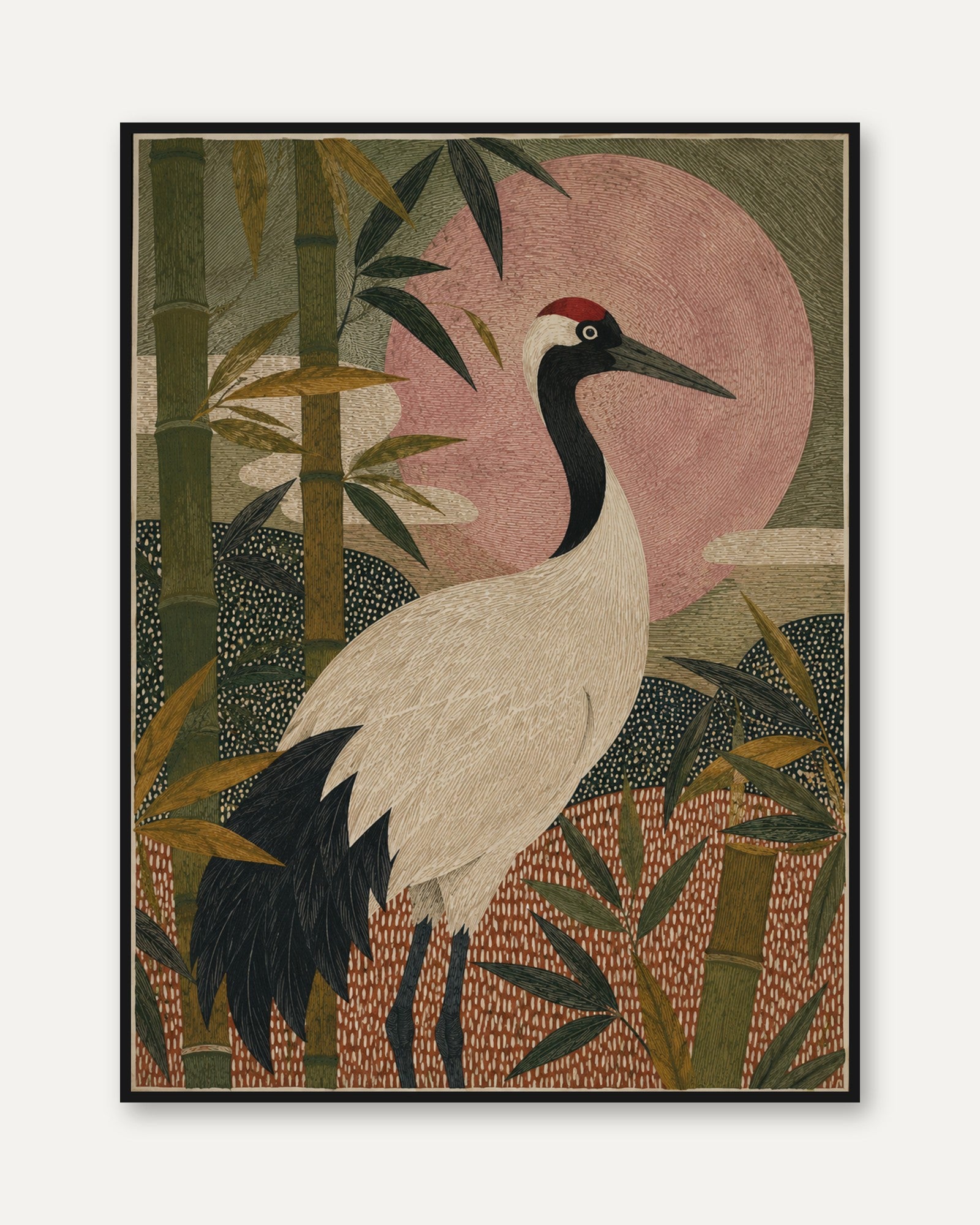 Japanese Crane Print – Asian Bird Wall Art - framed