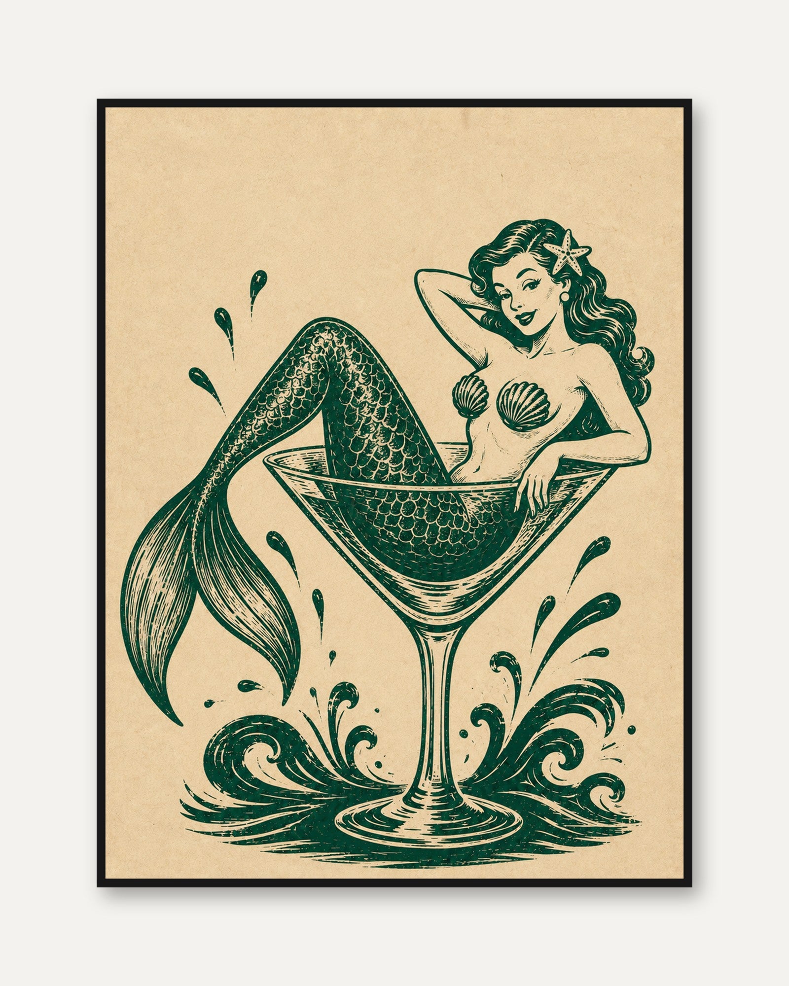 Mermaid Cocktail Print – Retro Bar Wall Art - framed