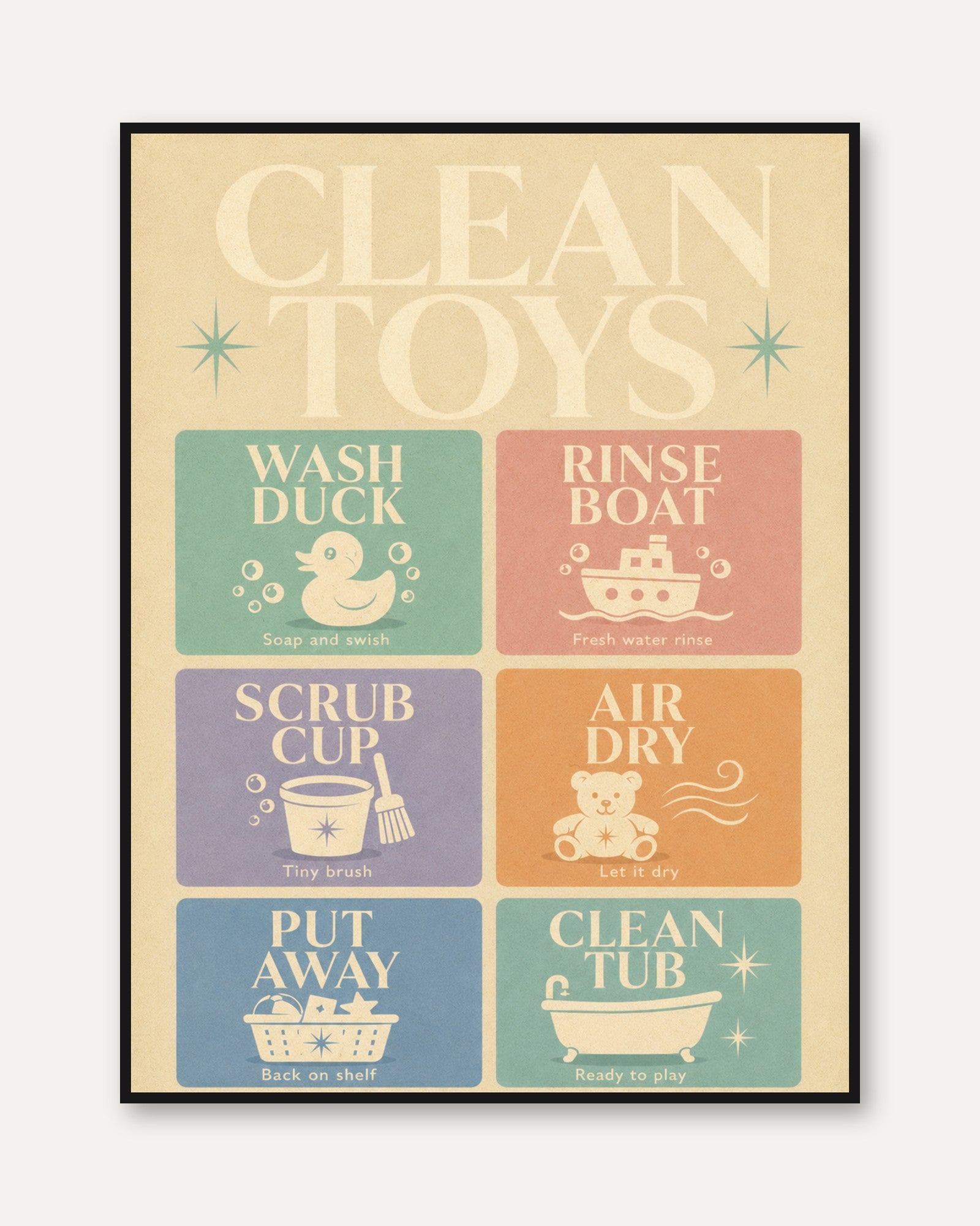 Clean Toys Retro Bathroom Print: Mid-Century Modern Nursery Art - framed