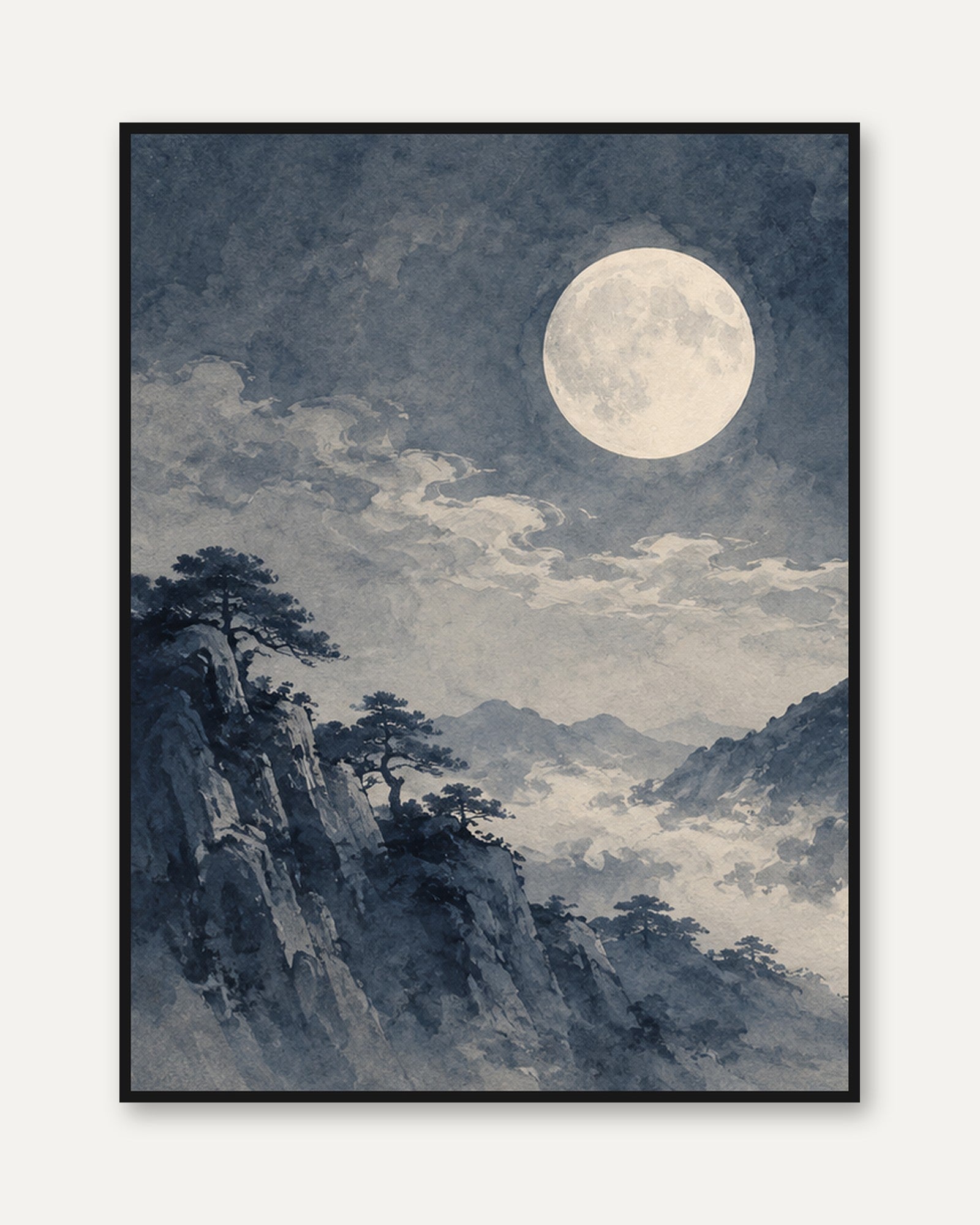 Moonlit Mountain Landscape: East Asian Watercolor Art Print - framed