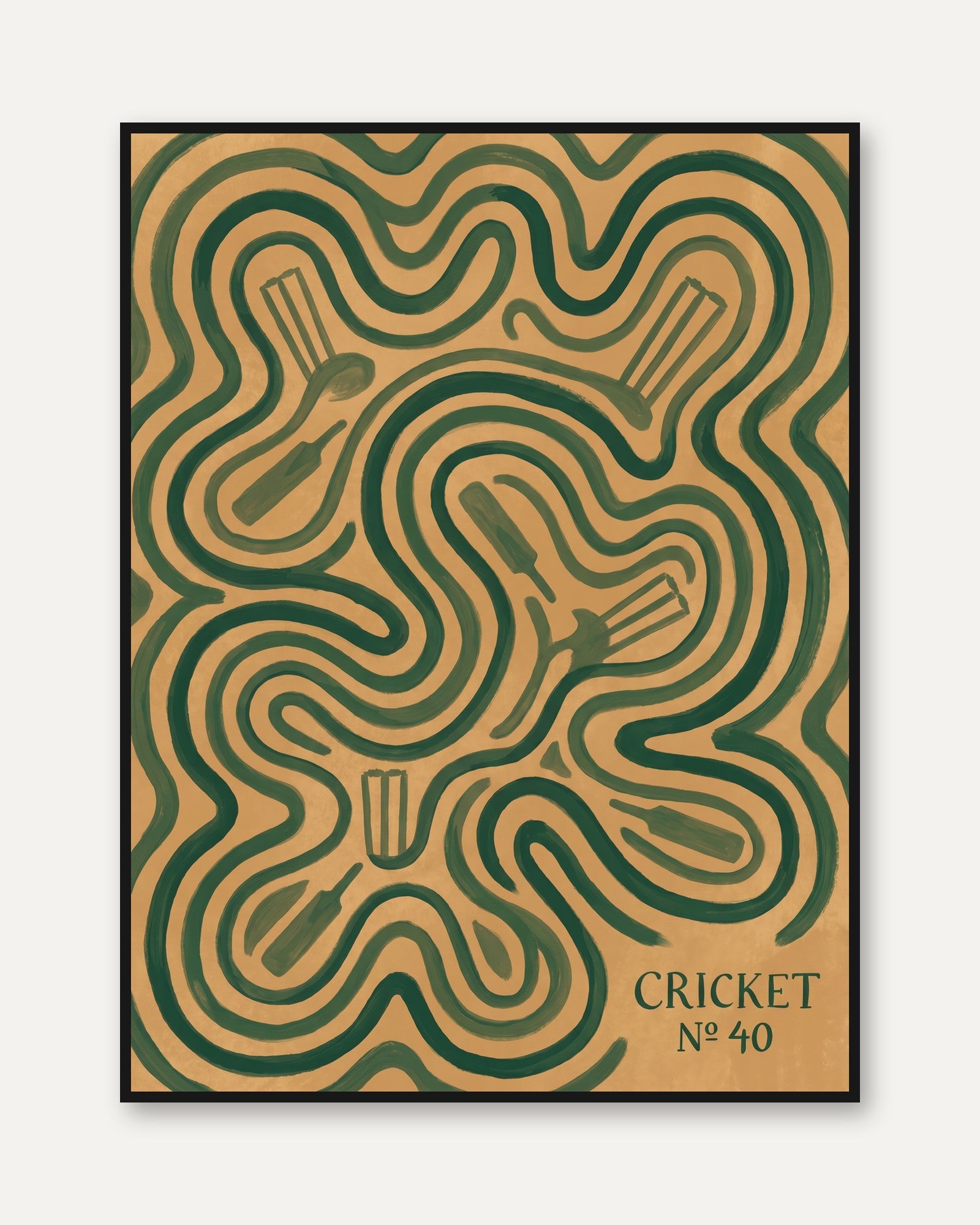 Cricket Poster: Retro Sports Decor (Green and Tan - framed
