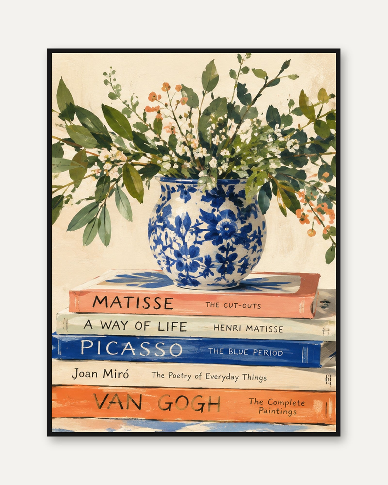 Blue Chinoiserie Vase with Flowers Art Print: Still Life Painting - framed