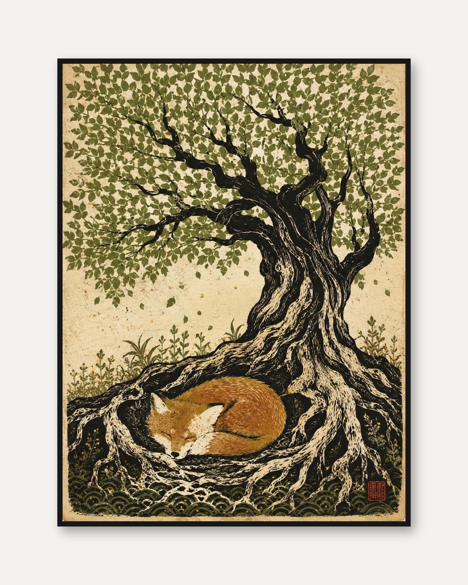 Fox and Tree Wall Art – Sleeping Fox Print - framed