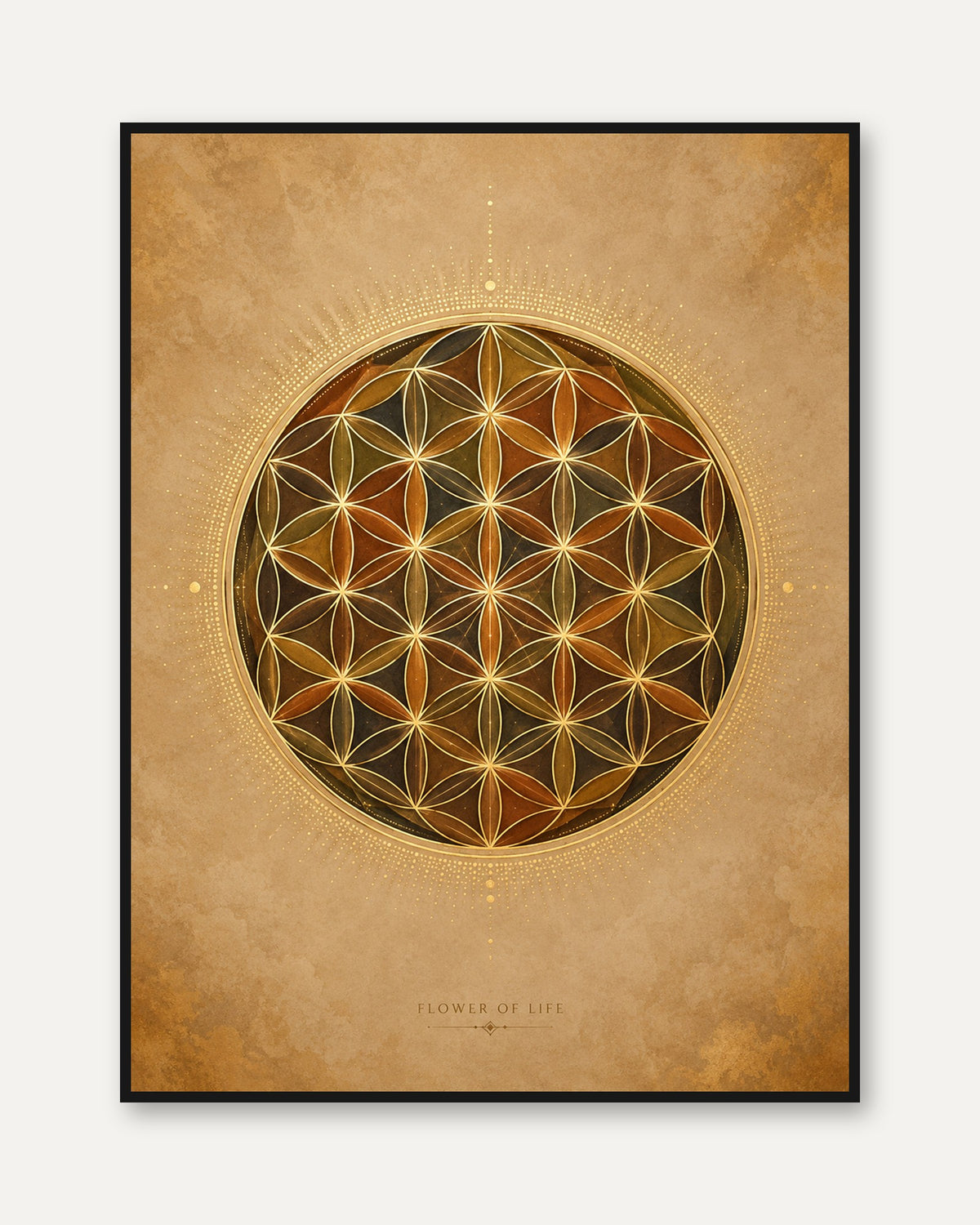 Flower of Life Sacred Geometry Art Print: Golden Earth Tones - framed