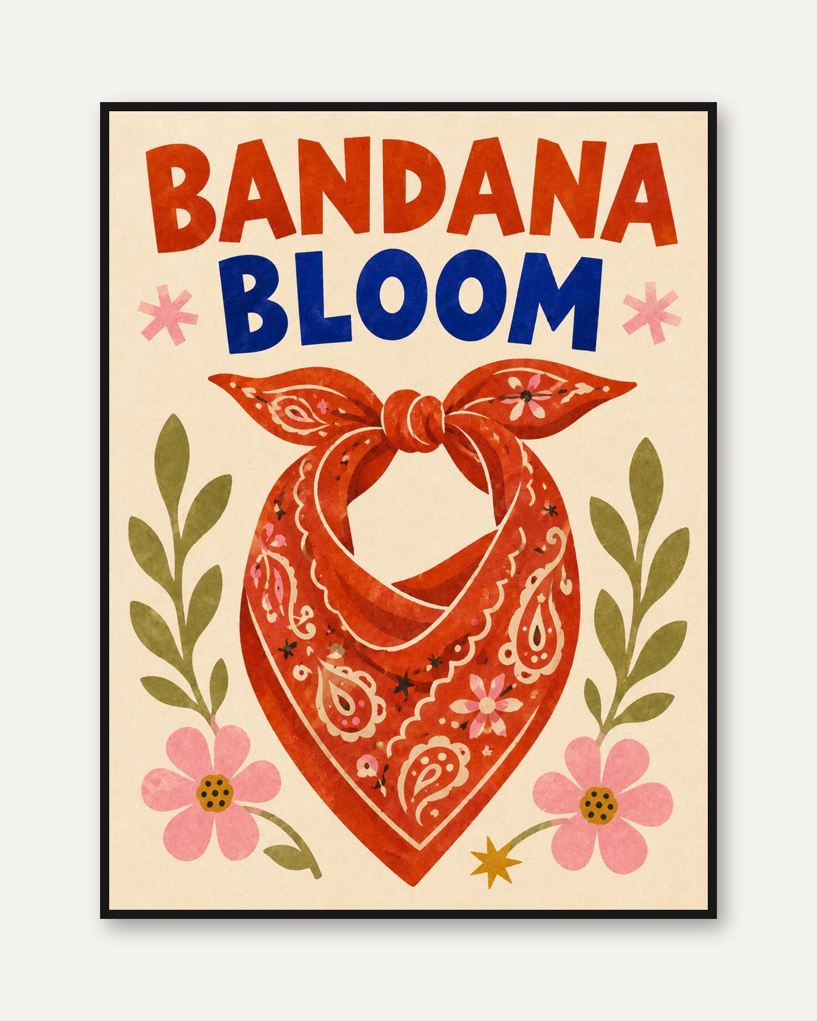 Bandana Bloom Folk Art Print: Red Paisley Floral Design - framed