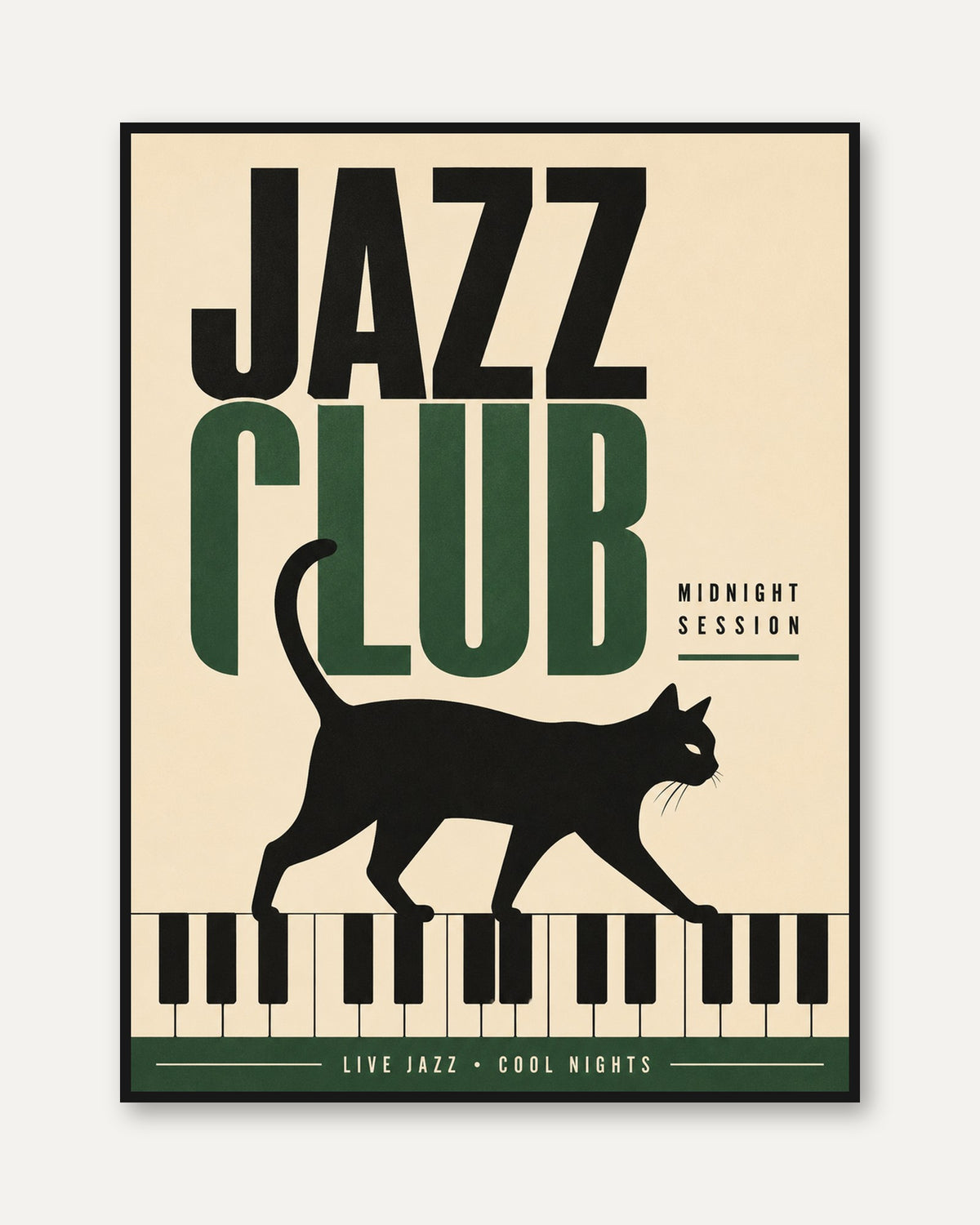 Jazz Club Cat Print: Vintage Mid-Century Piano Wall Art - framed