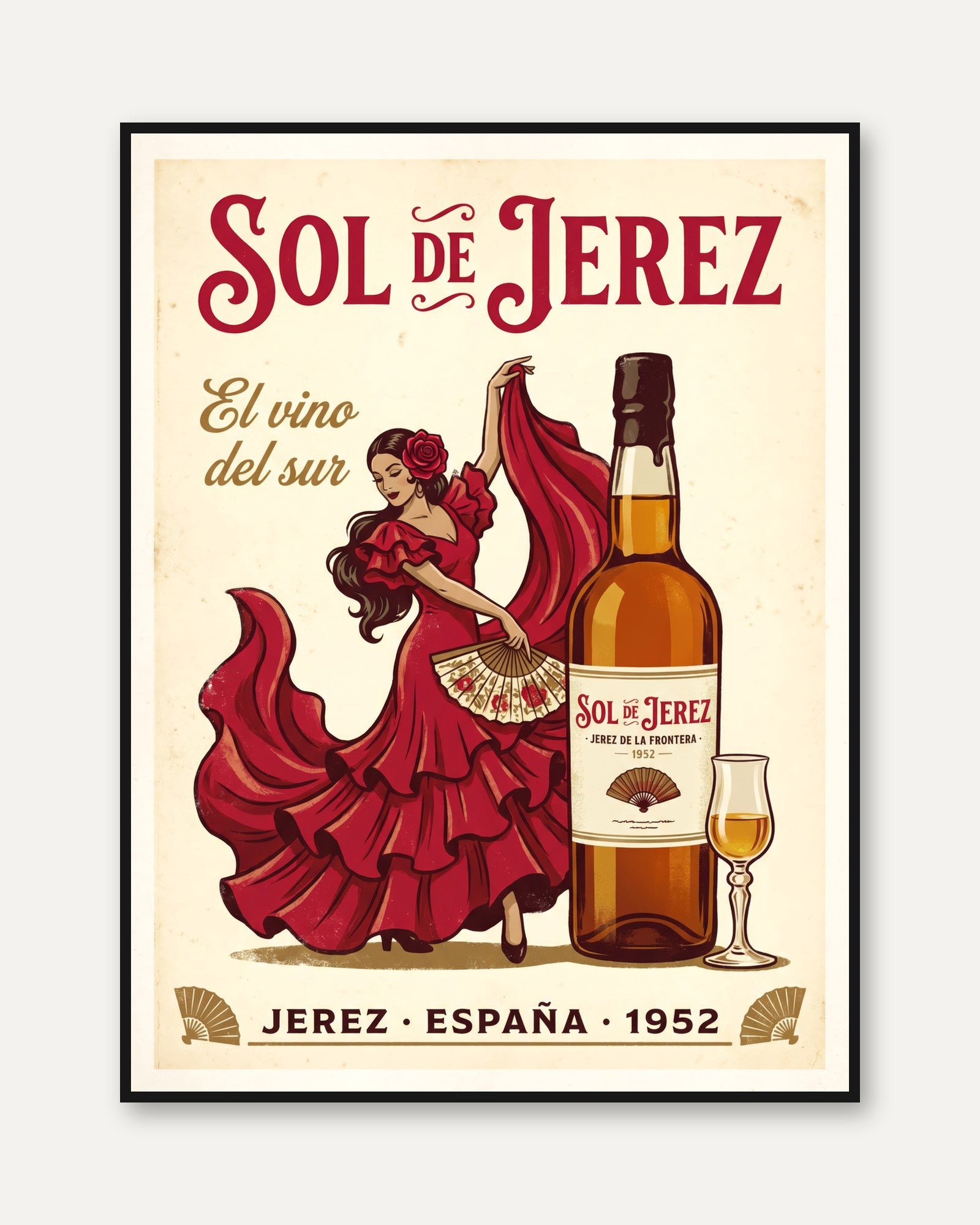Spanish Flamenco Wall Art: Retro Sherry Wine Poster - framed