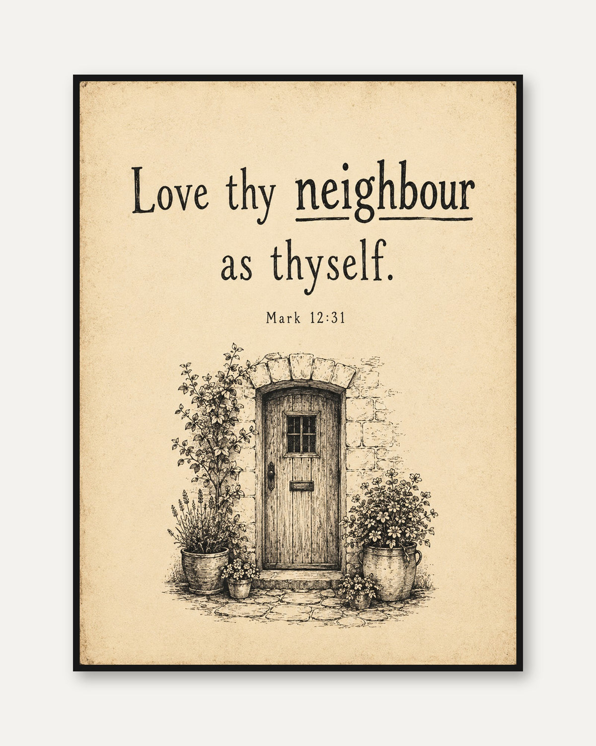 Biblical Wall Art Print: Rustic Cottage Illustration - framed