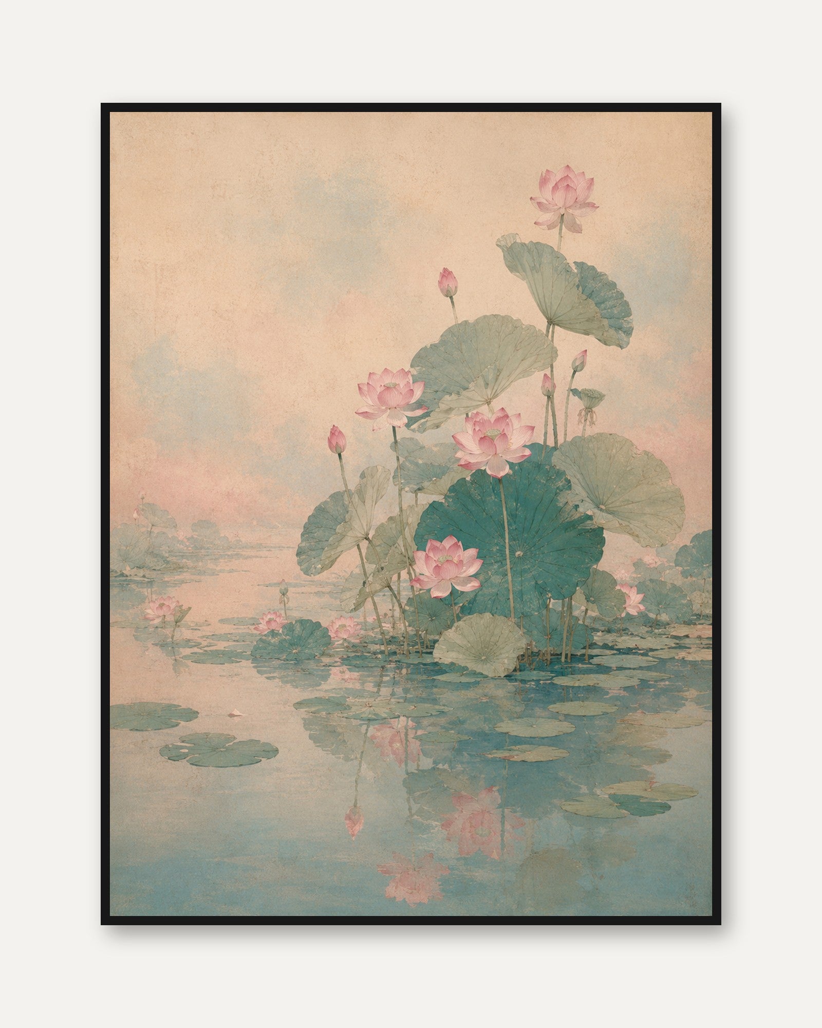 Lotus Pond Wall Art: Soft Pink Blooms and Green Leaves - framed