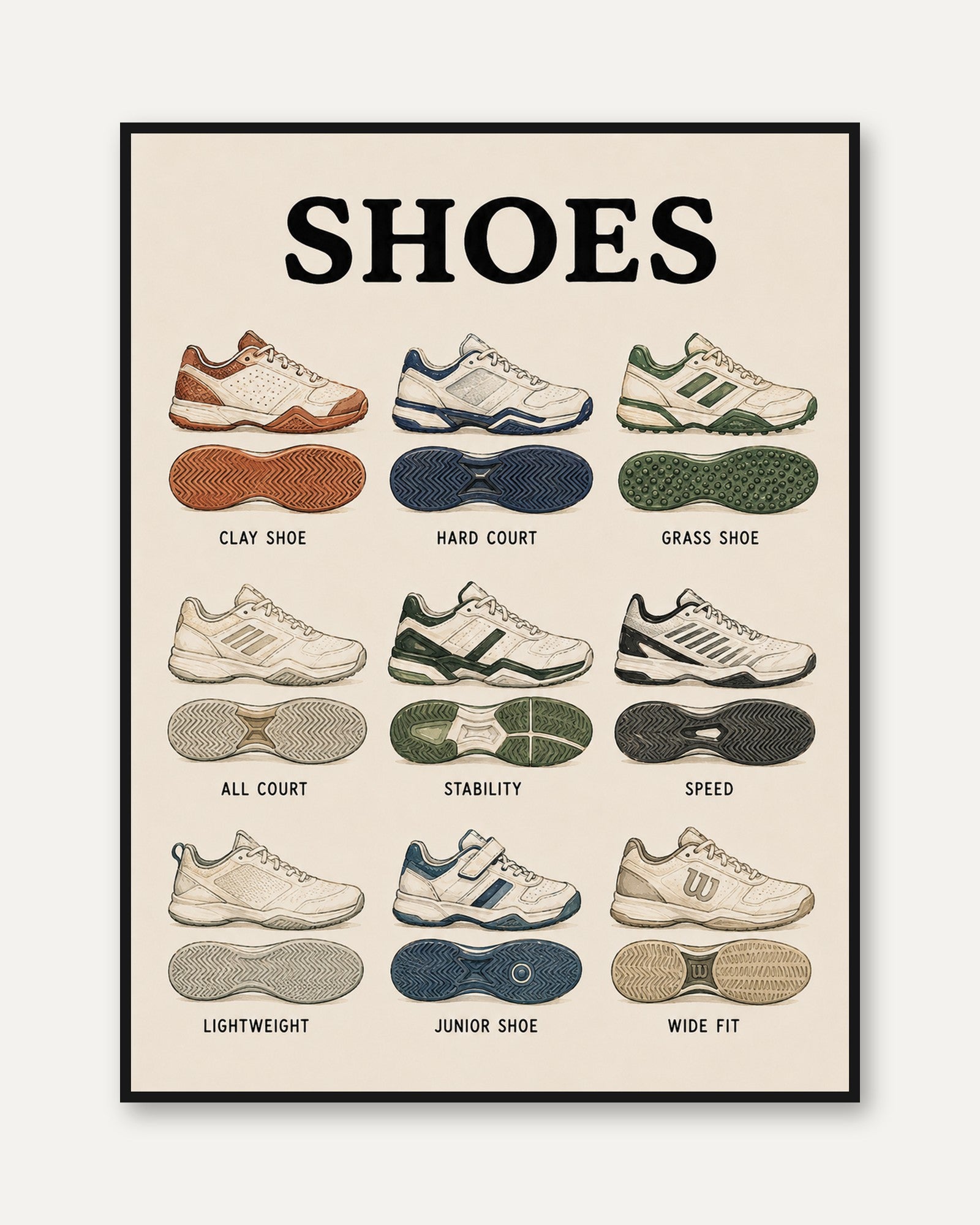 Tennis Shoe Types Poster: Vintage Educational Chart Art Print - framed