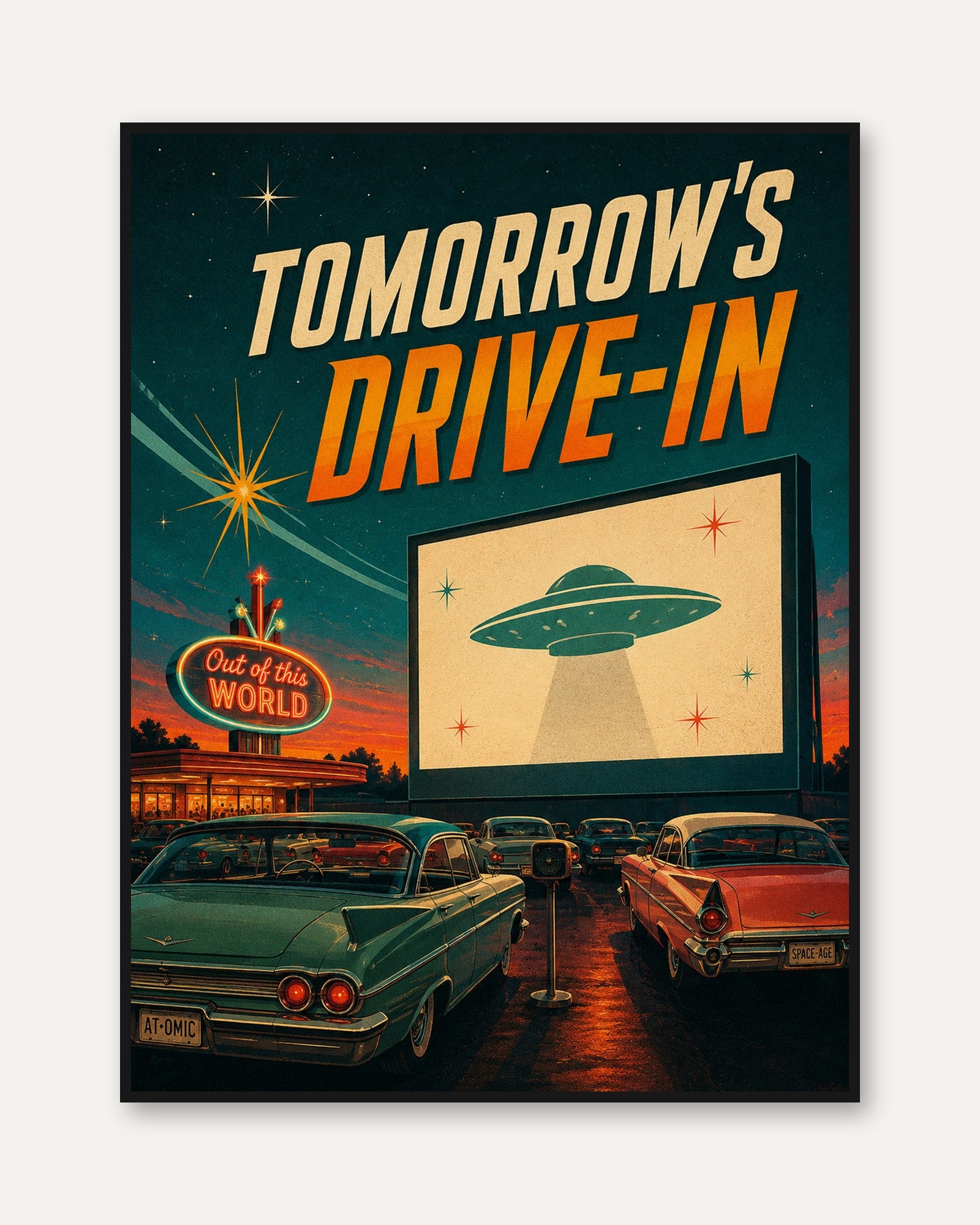 Retro Drive-In Movie Theater Poster: Atomic Age UFO Scene - framed