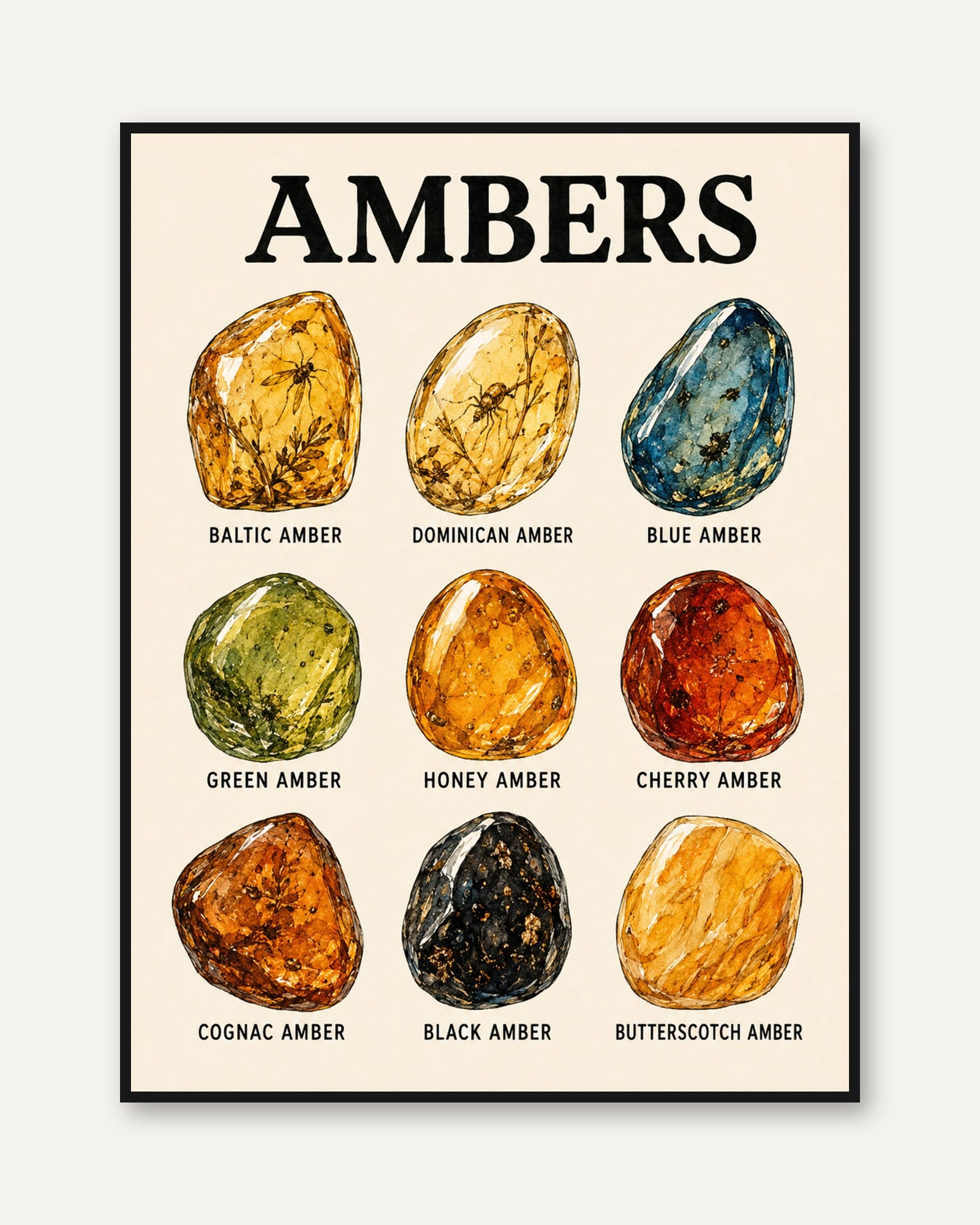 Amber Types Educational Print — Illustrated Gemstone Chart - framed