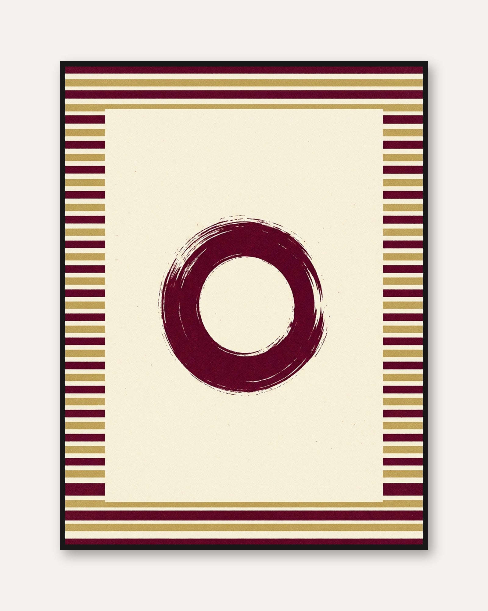 Zen Circle Enso Print: Burgundy and Gold Striped Border Art - framed