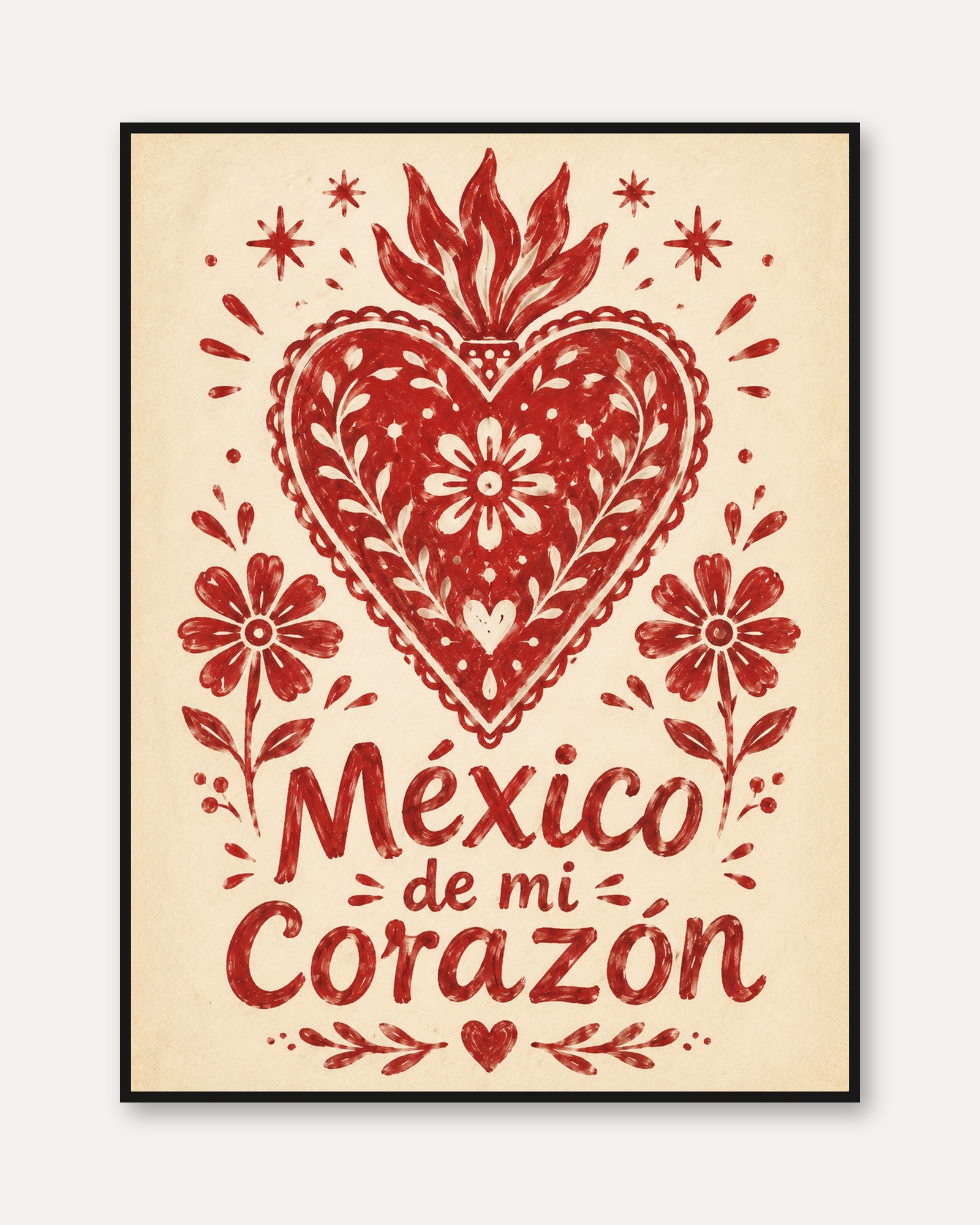 Mexican Folk Art Heart Print: Red Sacred Heart with Flowers - framed