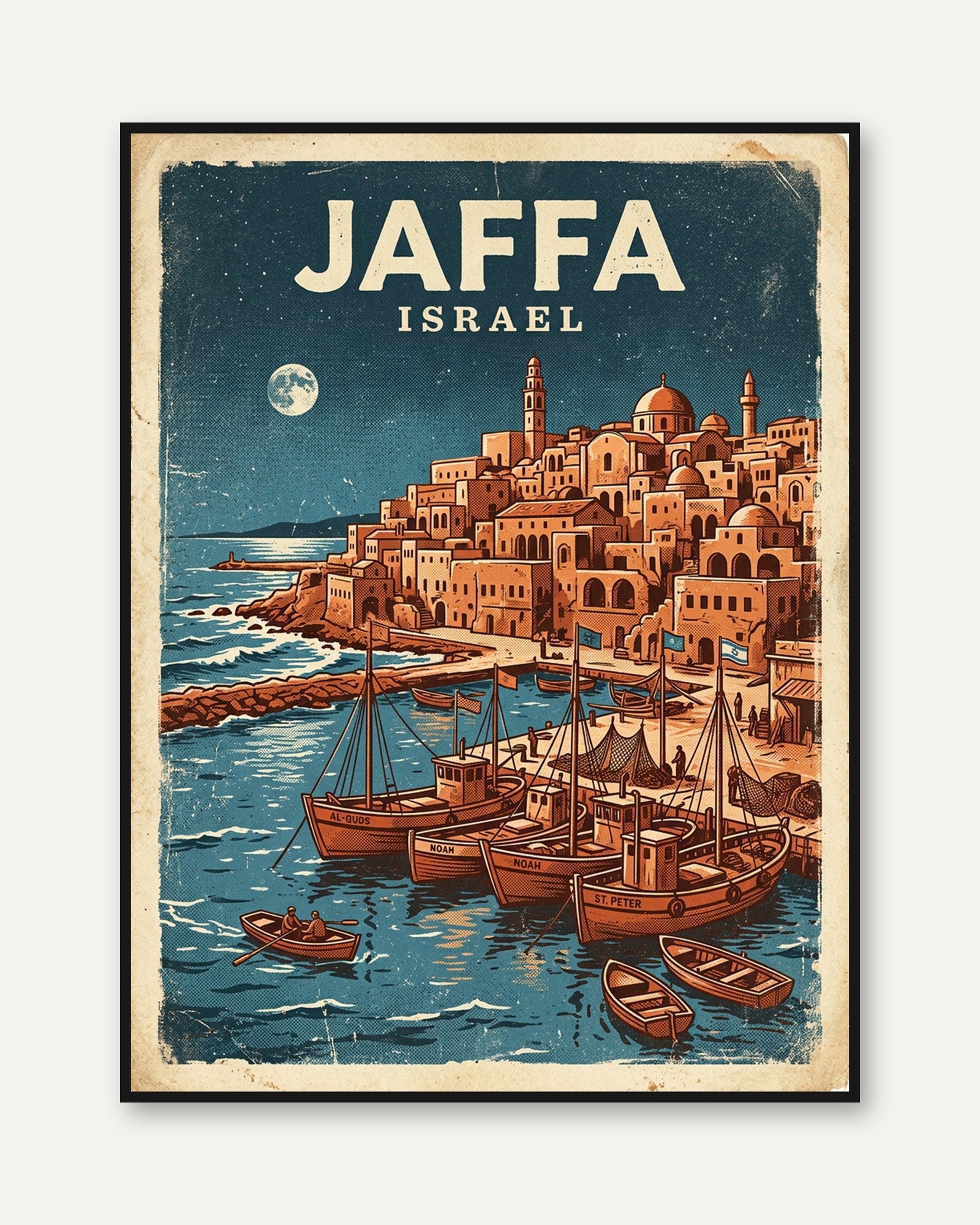 Jaffa Israel Vintage Travel Poster — Retro Mediterranean Port Art - framed