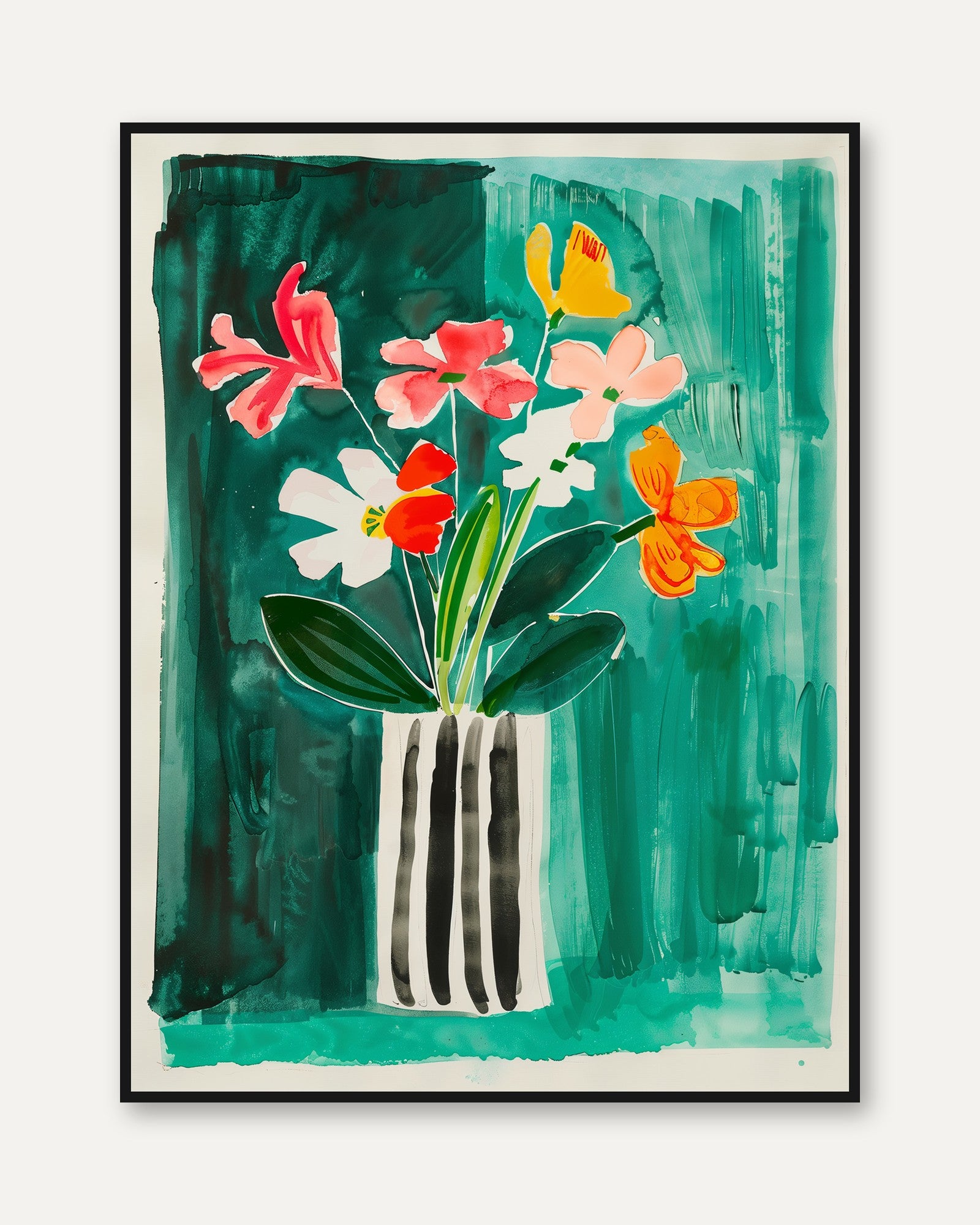 Floral Wall Art Print: Vibrant Flowers on Teal Background - framed