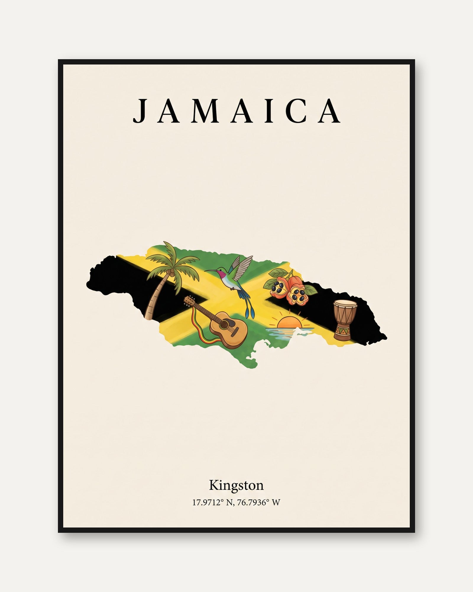 Jamaica Map Art Print – Kingston Coordinates - framed