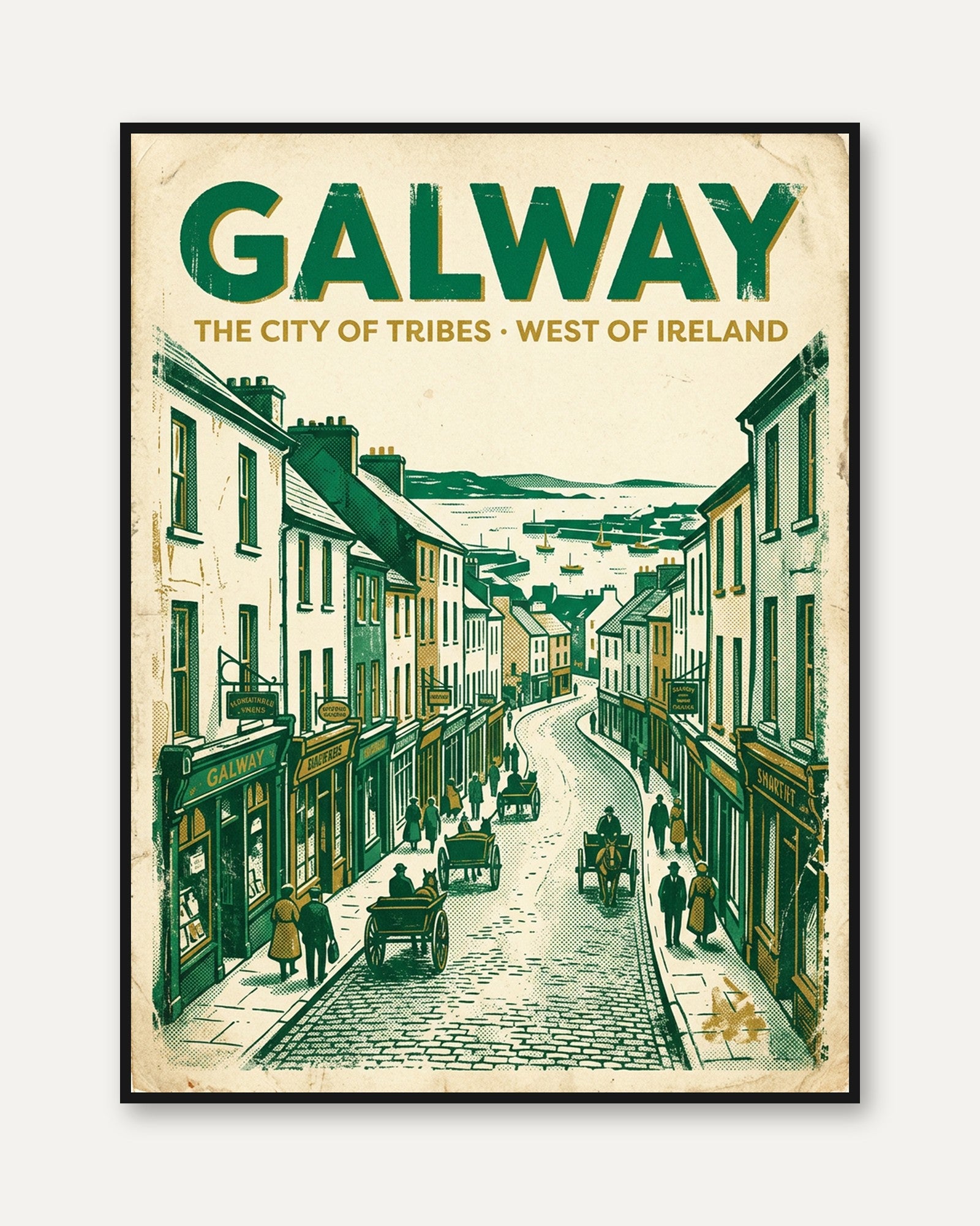 Galway Ireland Travel Poster: Vintage Green Street Scene Art Print - framed