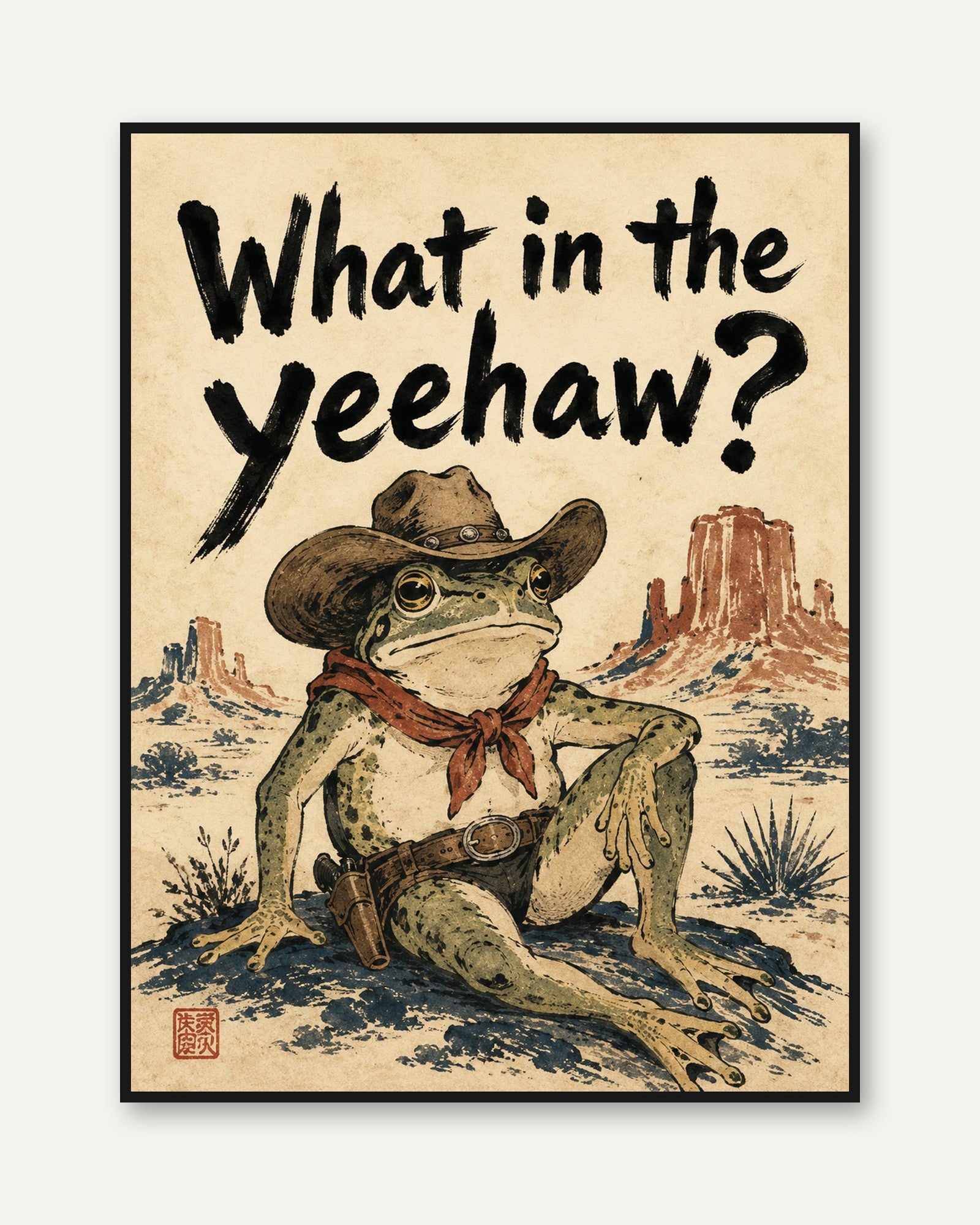 Funny Cowboy Frog Print – Western Humor Wall Art - framed