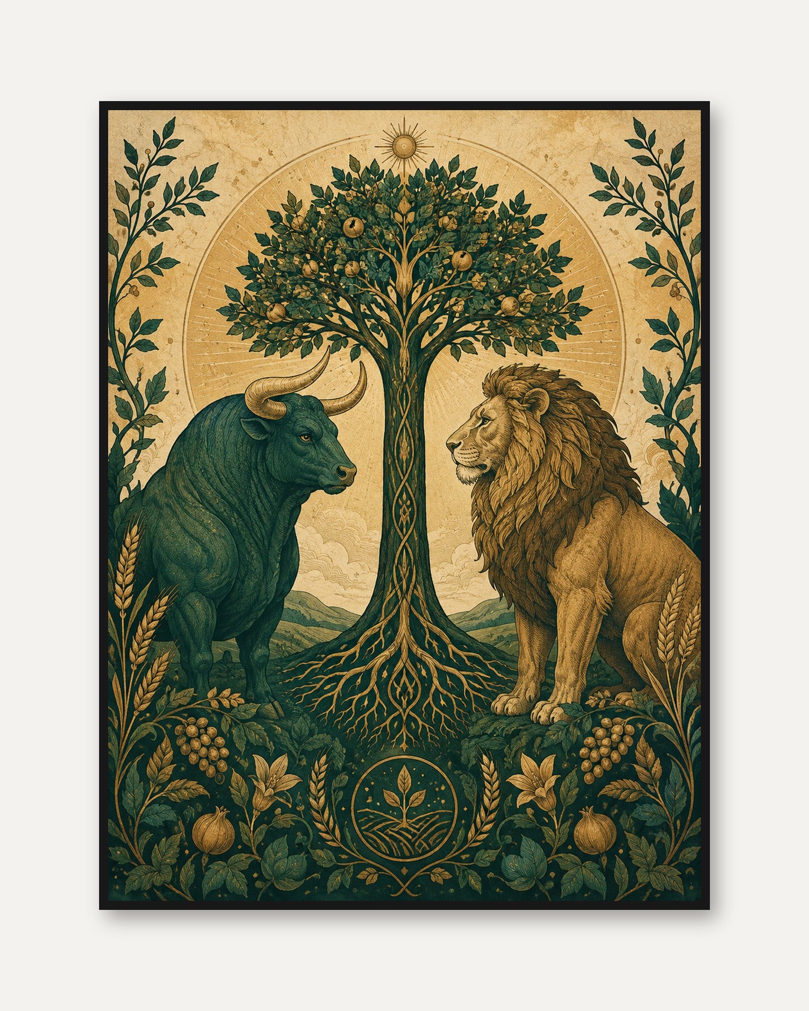 Tree of Life Wall Art – Lion and Bull Print - framed