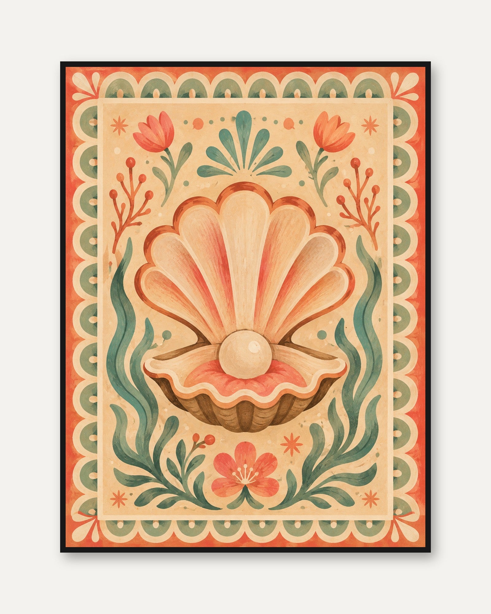 Folk Art Shell Print – Vintage Botanical Wall Art - framed