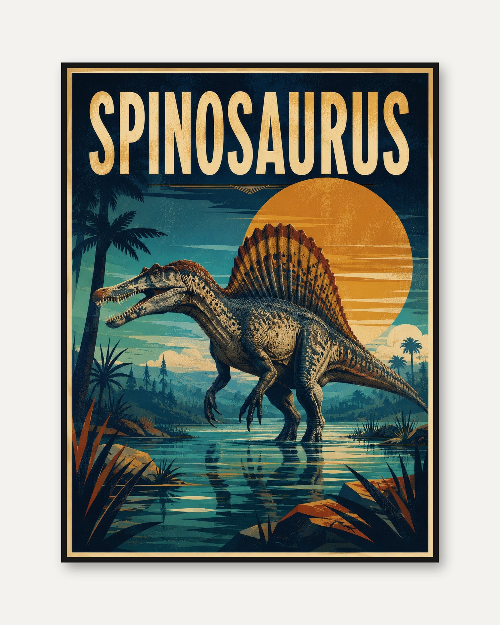 Spinosaurus Poster: Retro Dinosaur Print (Kids Room & Nursery) - framed