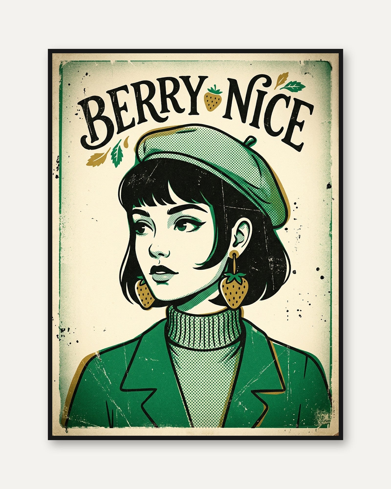 Berry Nice Retro Girl Poster: Vintage Halftone Portrait Art - framed
