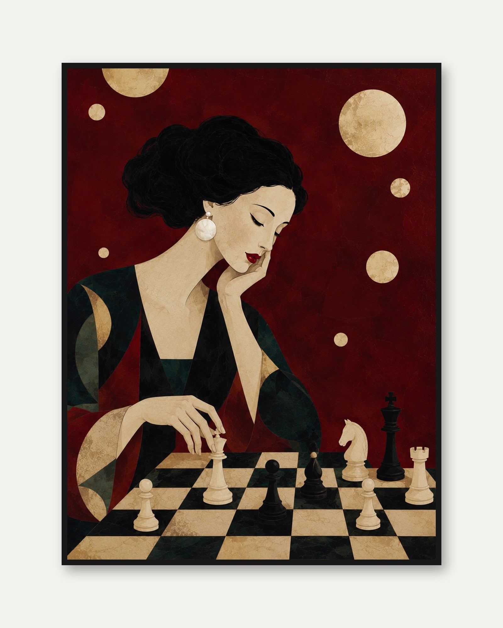 Woman Playing Chess Art – Vintage Portrait Print - framed