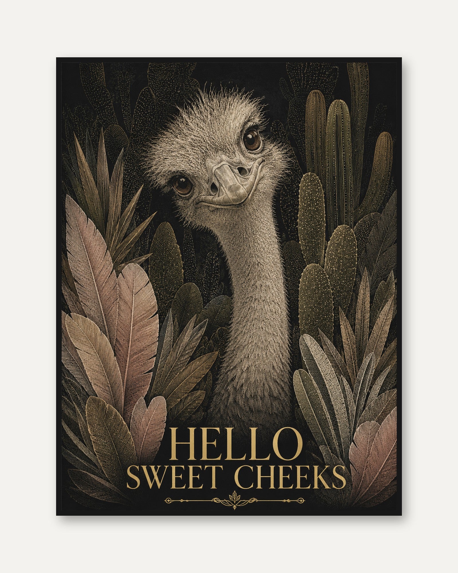 Ostrich Portrait Art Print: Vintage Botanical Wildlife Illustration - framed