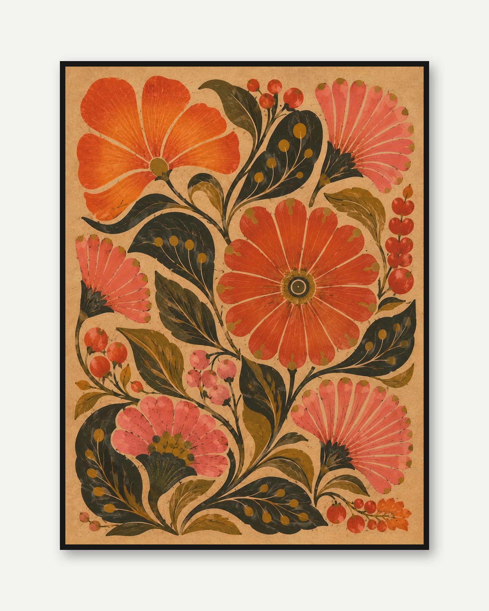 Folk Art Floral Print — Vintage Hand-Painted Blooms - framed