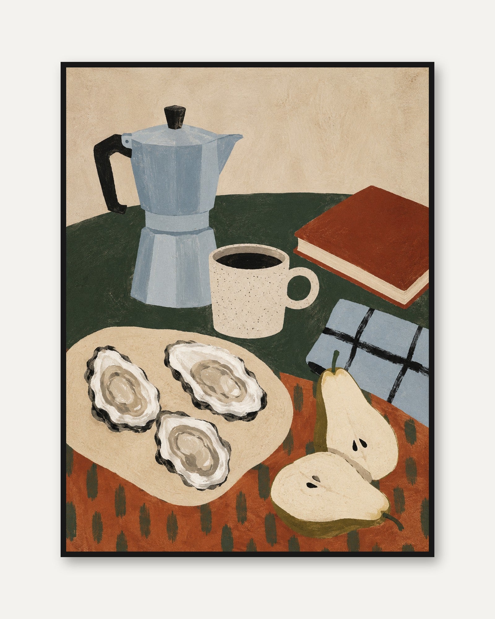 Coffee and Oysters Still Life: Modernist Kitchen Art Print - framed